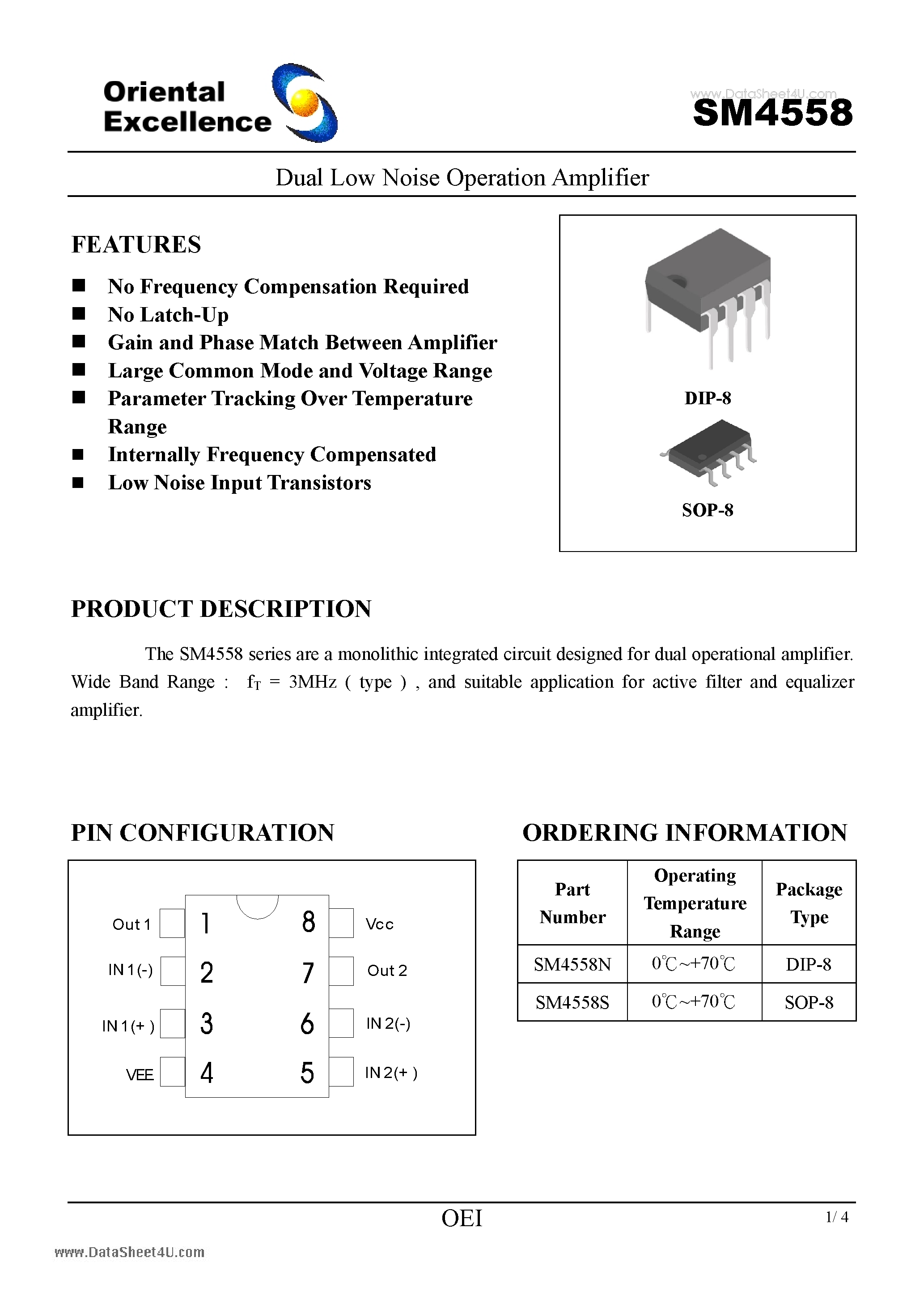 Datasheet SM4558 - Dual Low Noise Operation Amplifier page 1