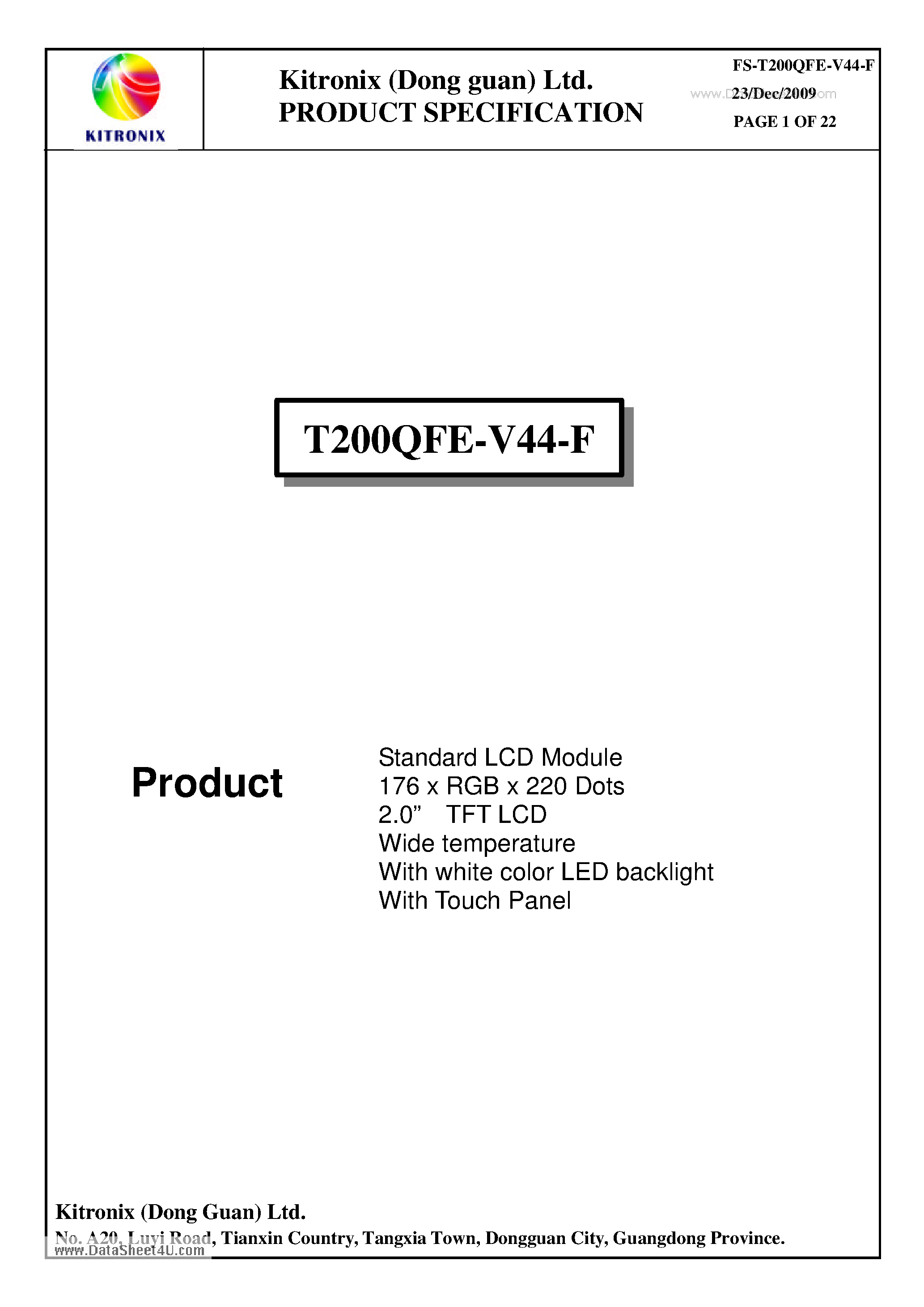 Даташит T200QFE-V44-F - Standard LCD Module страница 2