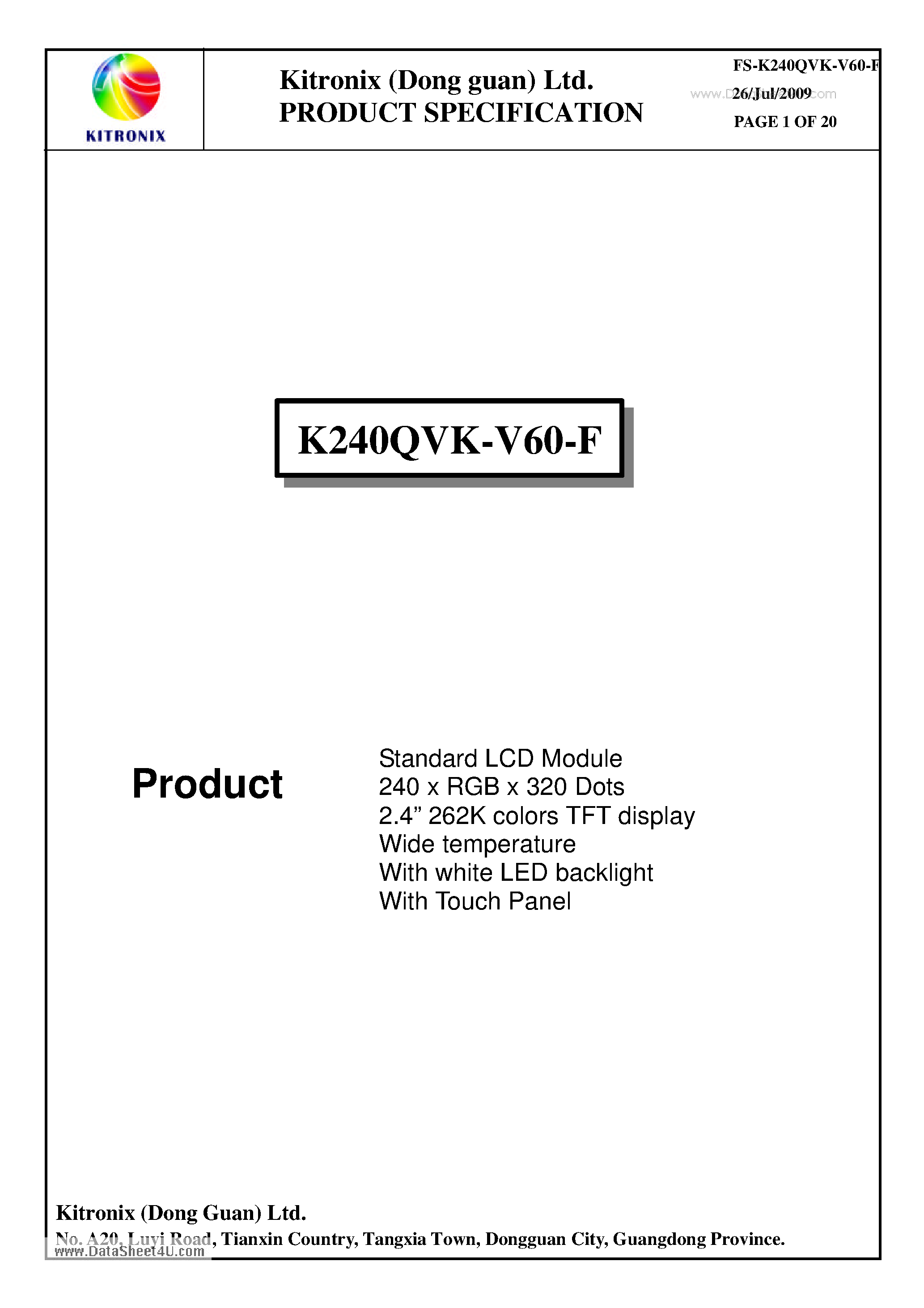 Даташит K240QVK-V60-F - Standard LCD Module страница 2