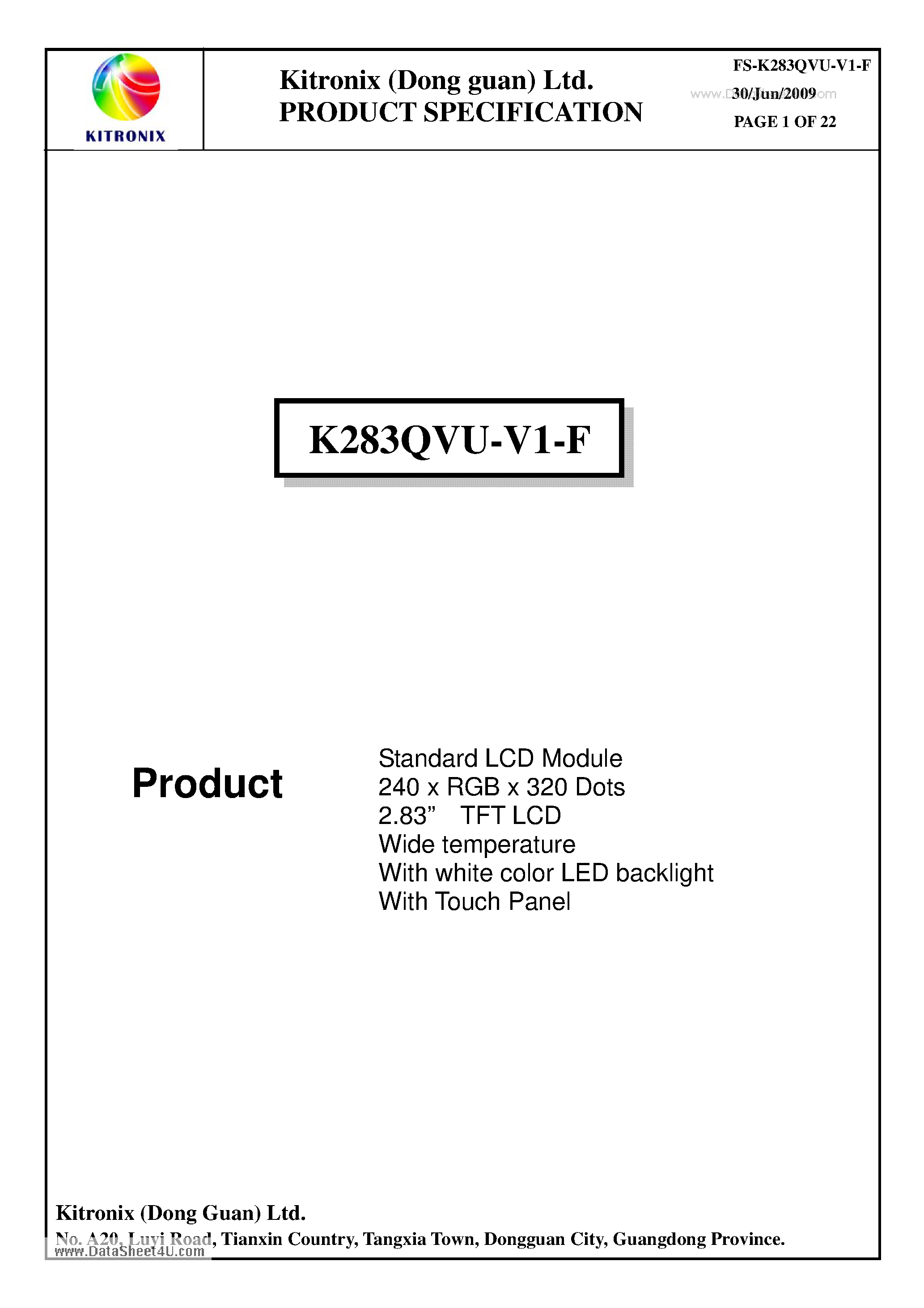 Даташит K283QVU-V1-F - Standard LCD Module страница 2