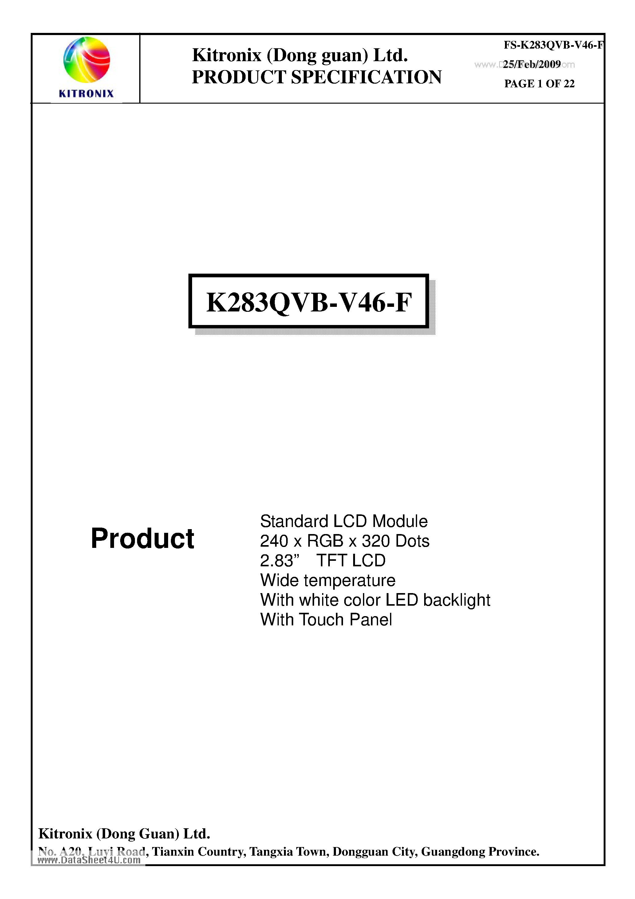 Даташит K283QVB-V46-F - Standard LCD Module страница 2