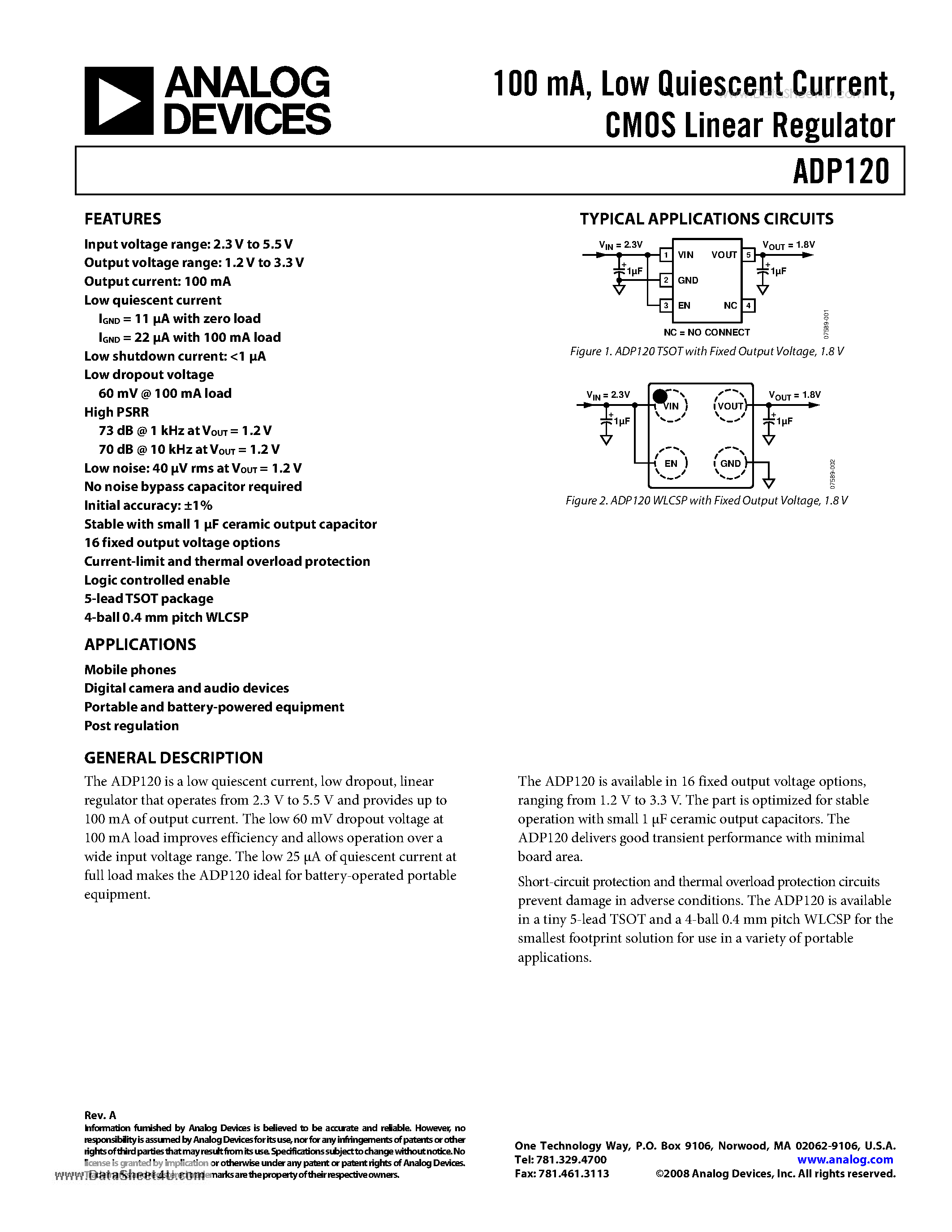 Даташит ADP120 - 100mA Low Quiescent Current CMOS Linear Regulator страница 1