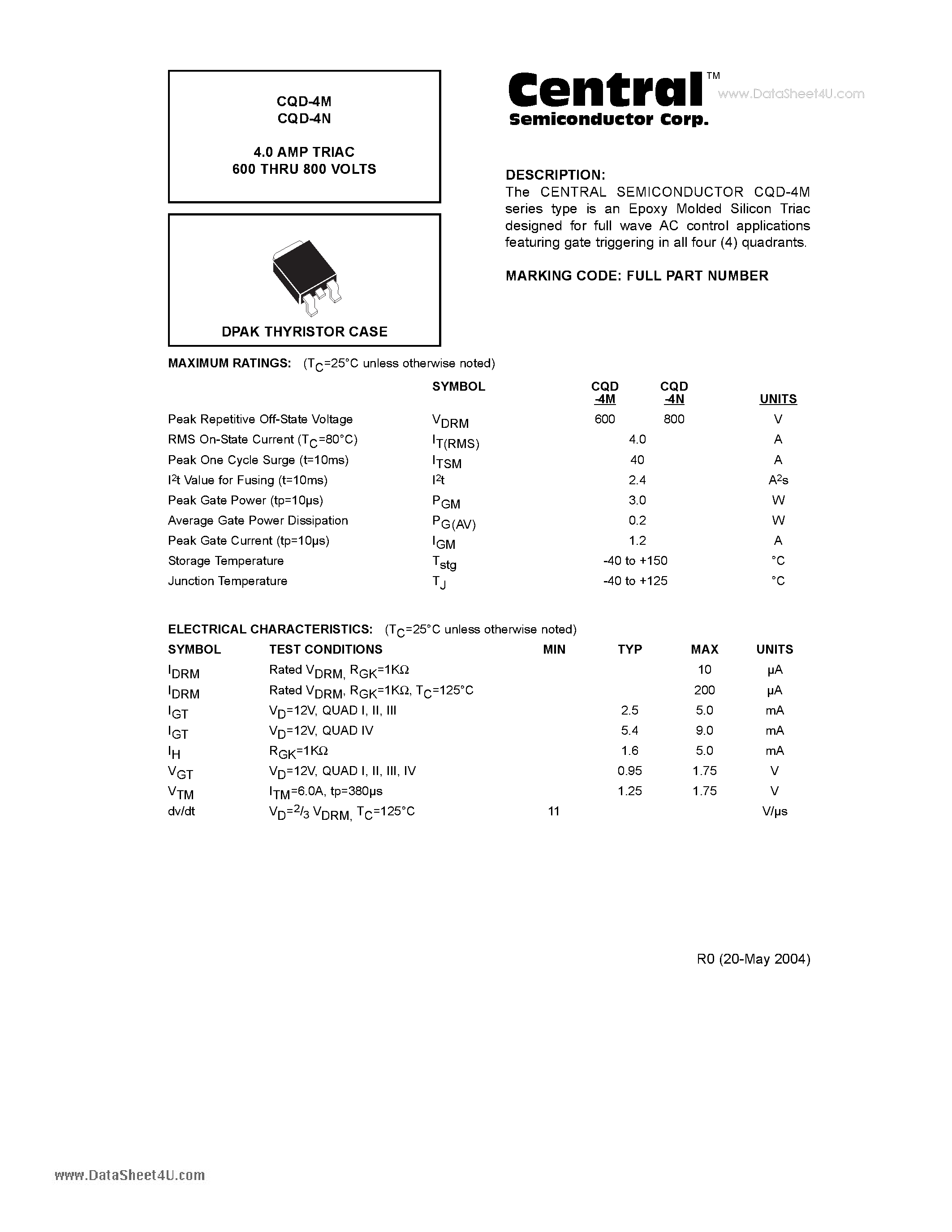 Даташит CQD-4N - 4.0 AMP TRIAC 600 THRU 800 VOLTS страница 1