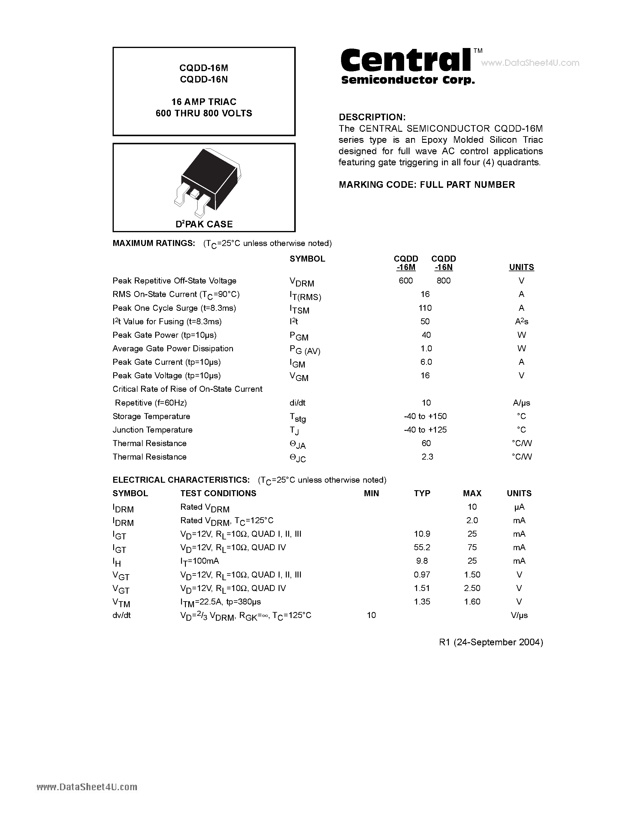 Даташит CQDD-16M - 16 AMP TRIAC 600 THRU 800 VOLTS страница 1