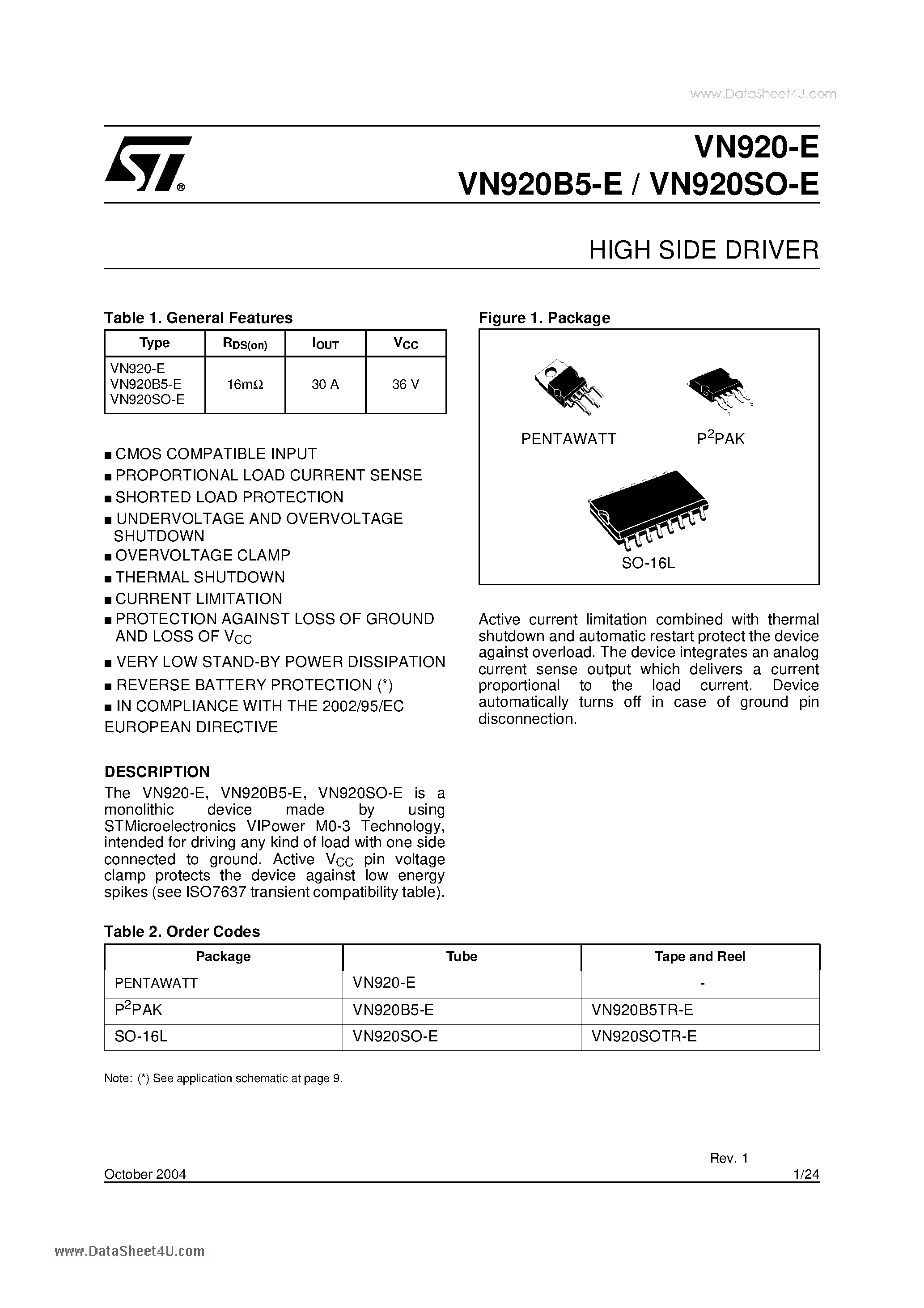 Datasheet VN920SO-E - HIGH SIDE DRIVER page 1