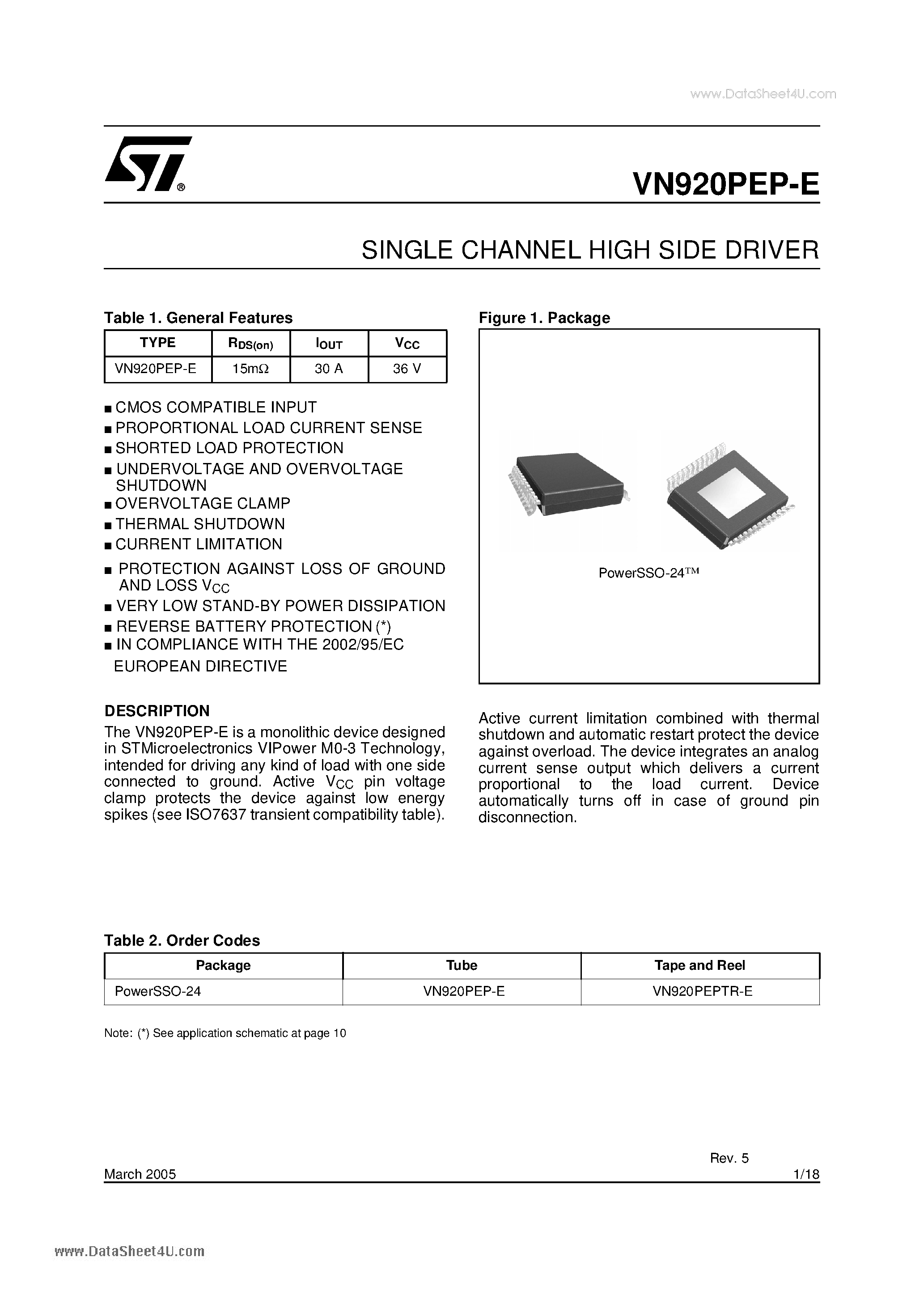 Datasheet VN920PEP-E - SINGLE CHANNEL HIGH SIDE DRIVER page 1