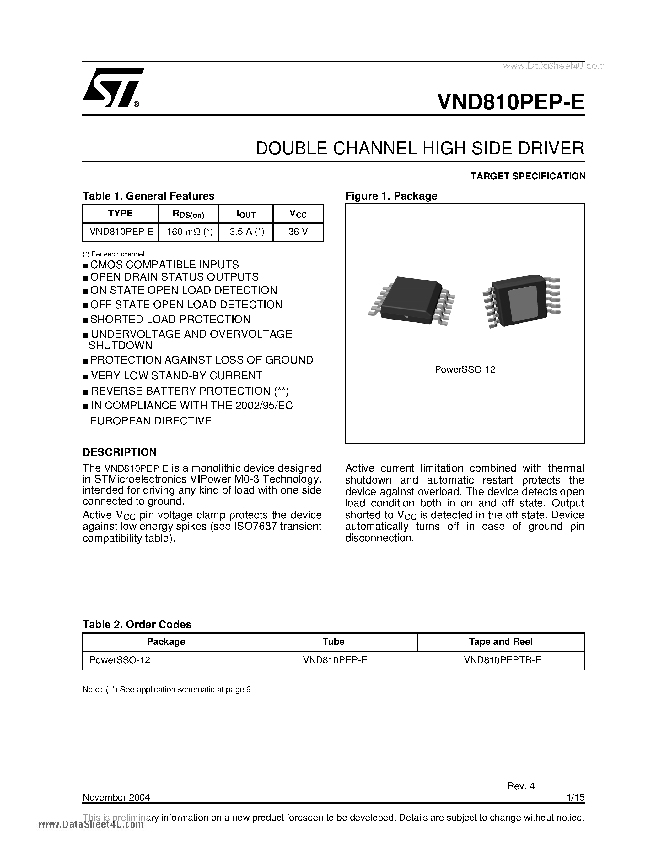 Datasheet VND810PEP-E - DOUBLE CHANNEL HIGH SIDE DRIVER page 1