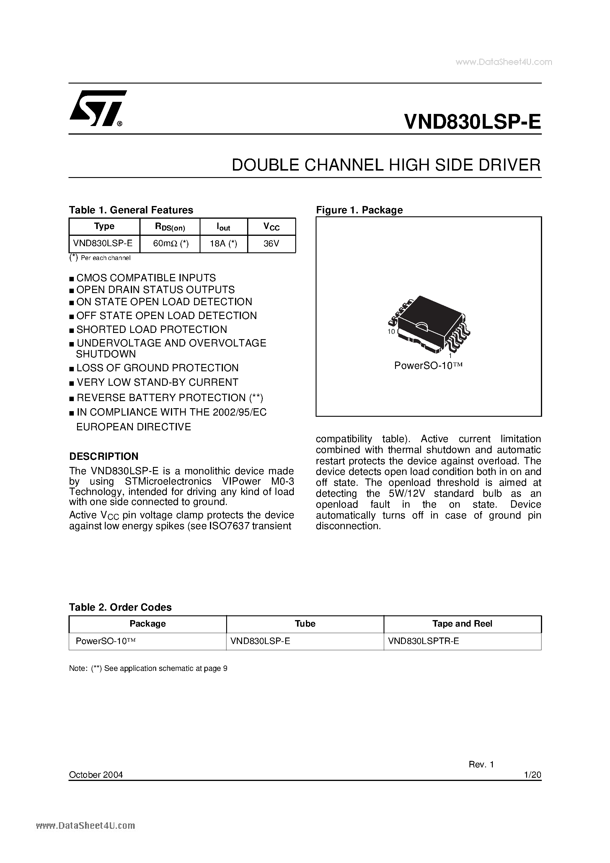 Datasheet VND830LSP-E - DOUBLE CHANNEL HIGH SIDE DRIVER page 1