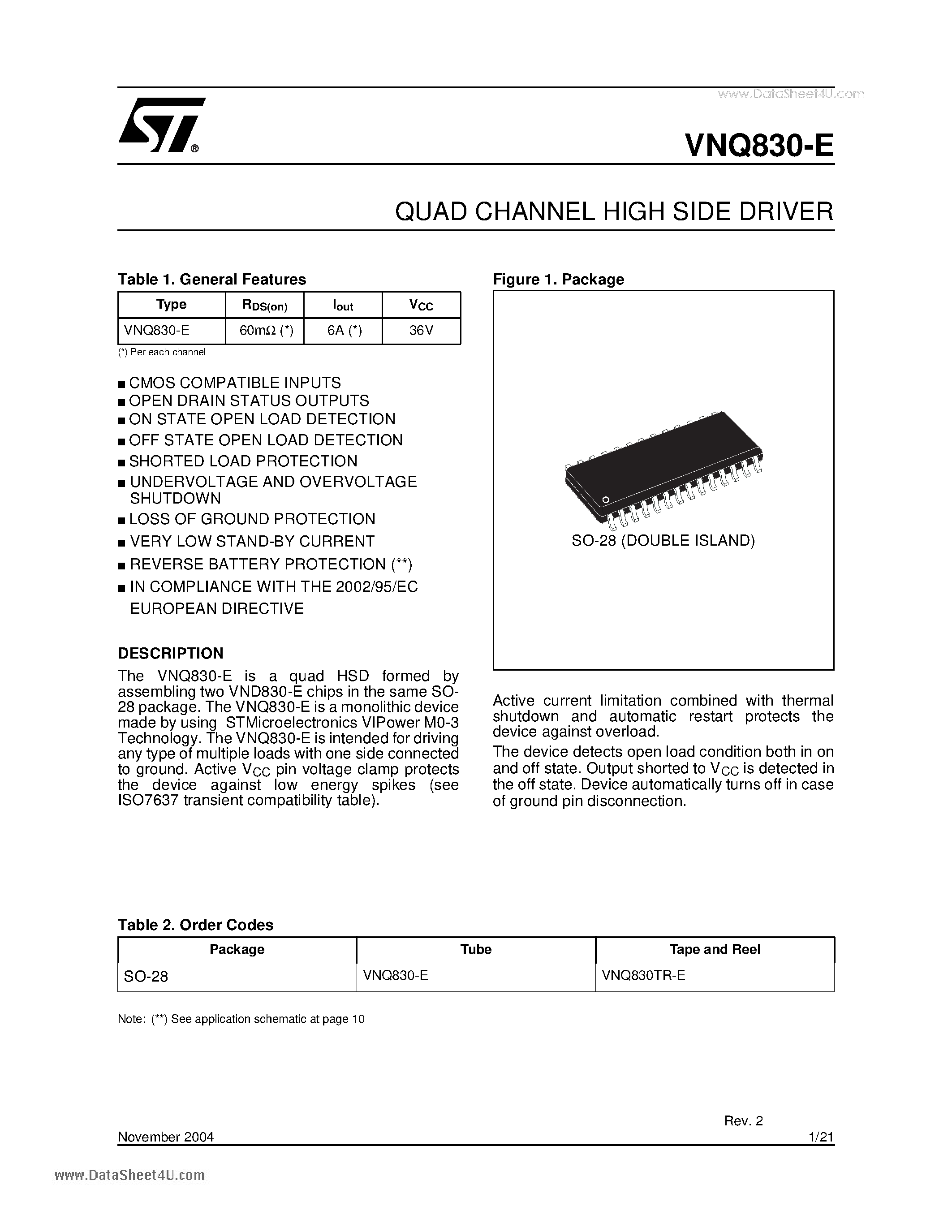 Datasheet VNQ830-E - QUAD CHANNEL HIGH SIDE DRIVER page 1