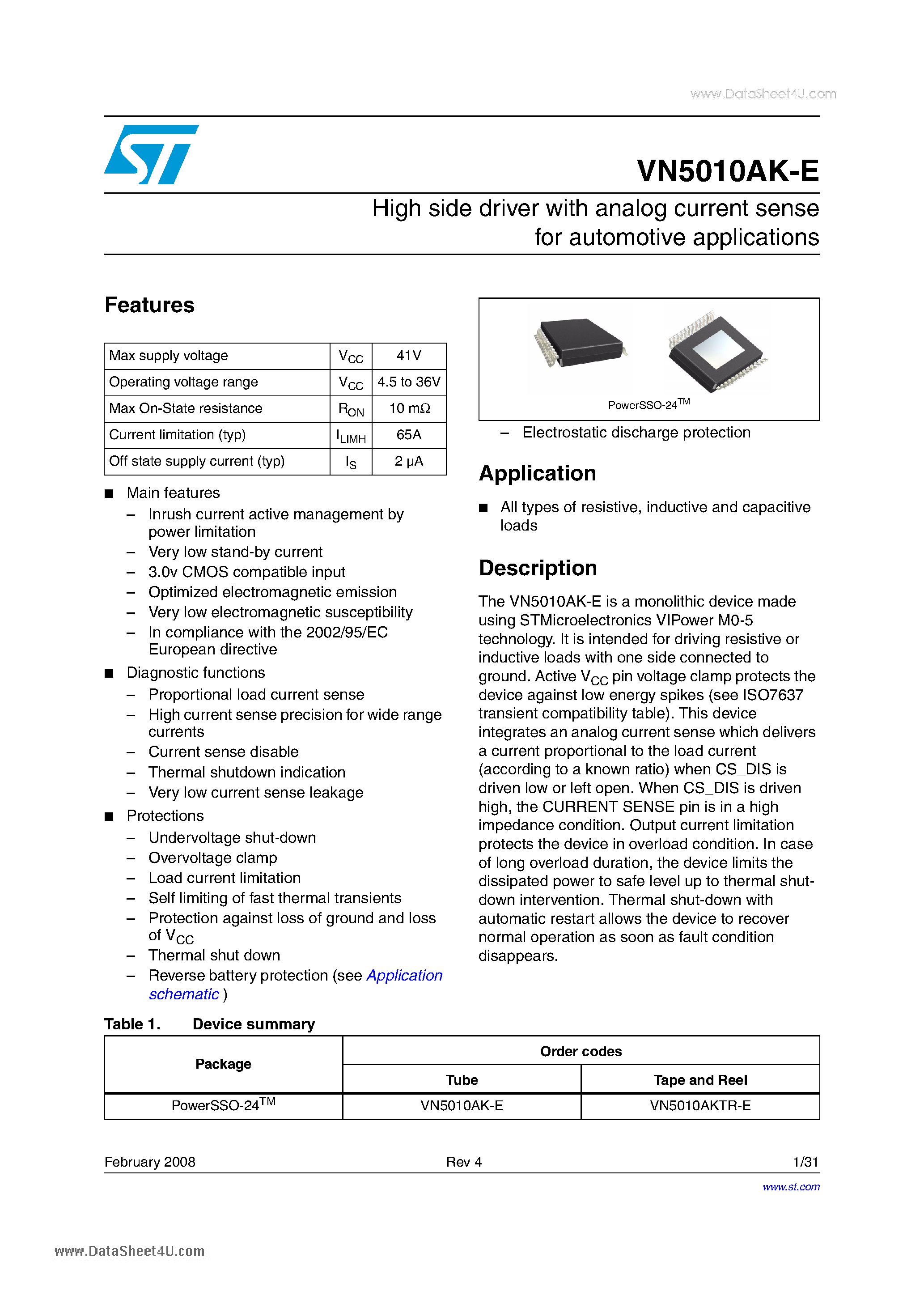 Datasheet VN5010AK-E - High side driver with analog current sense page 1