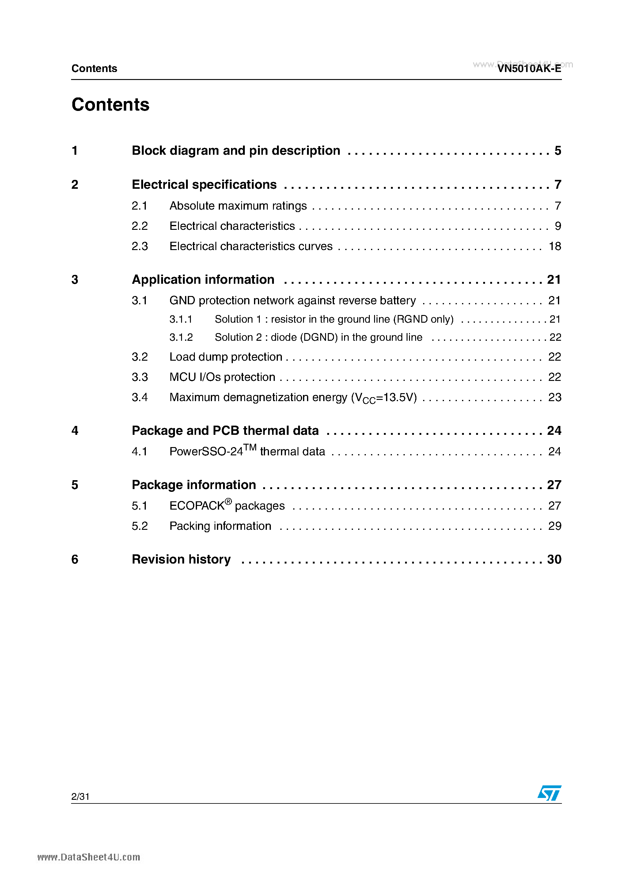 Datasheet VN5010AK-E - High side driver with analog current sense page 2