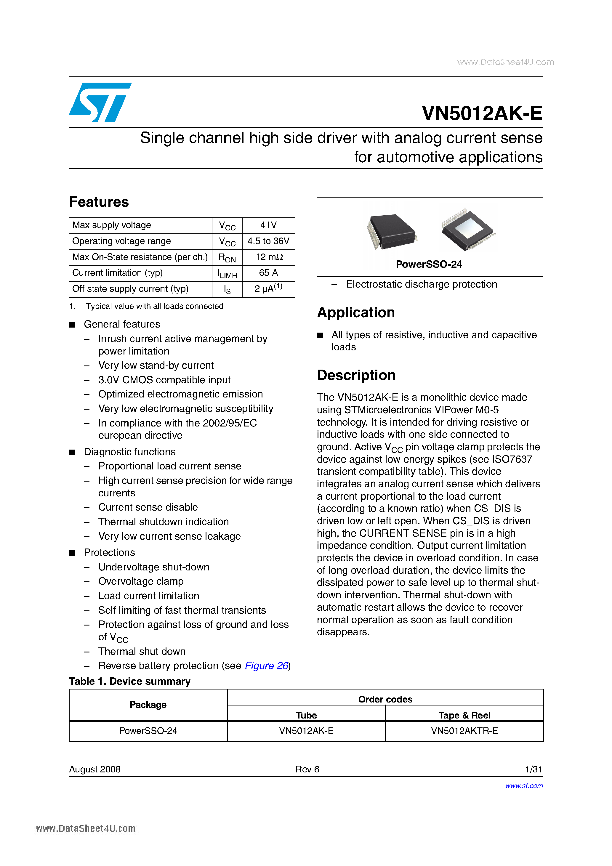 Datasheet VN5012AK-E - Single channel high side driver page 1