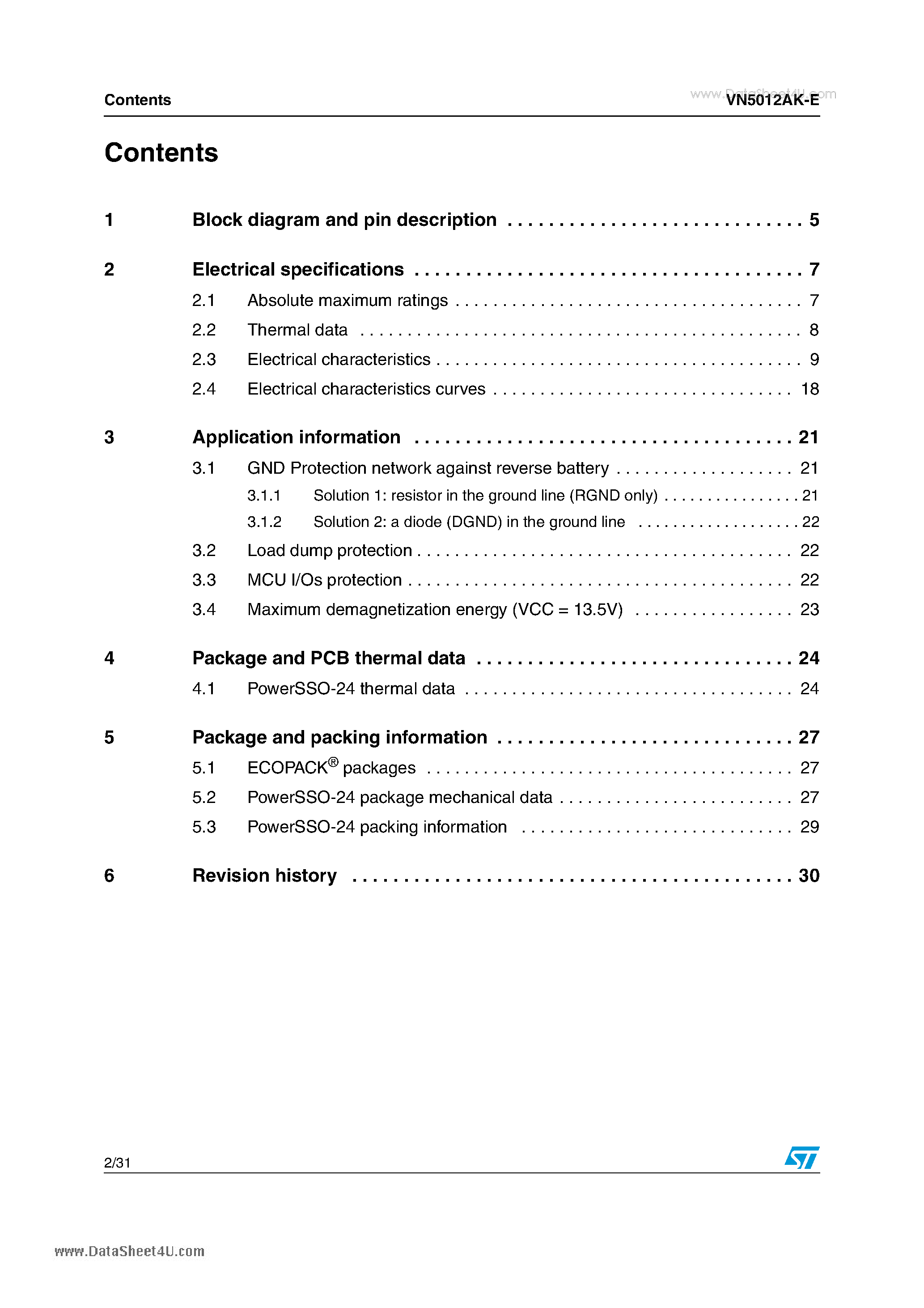 Datasheet VN5012AK-E - Single channel high side driver page 2