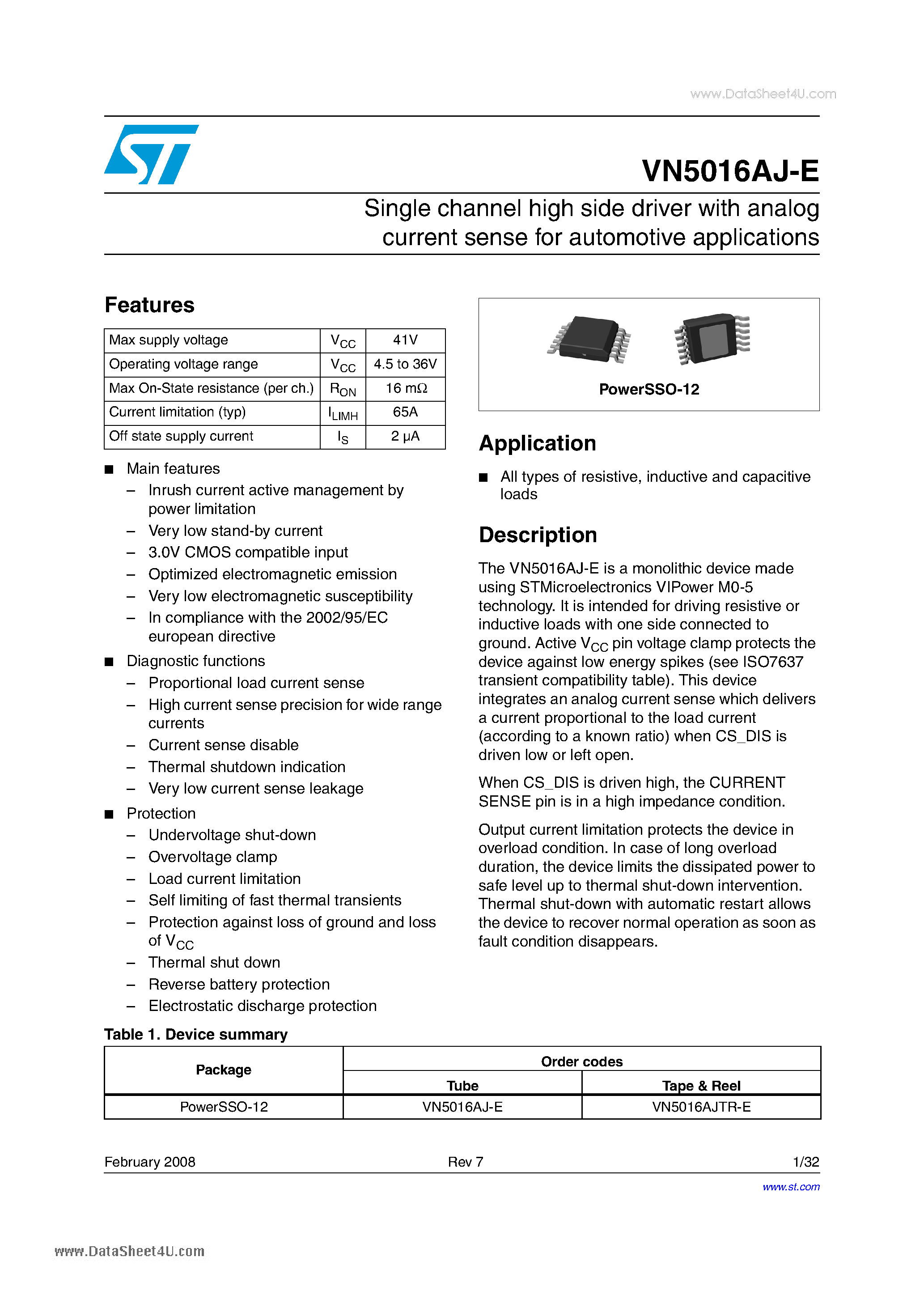 Datasheet VN5016AJ-E - Single channel high side driver page 1