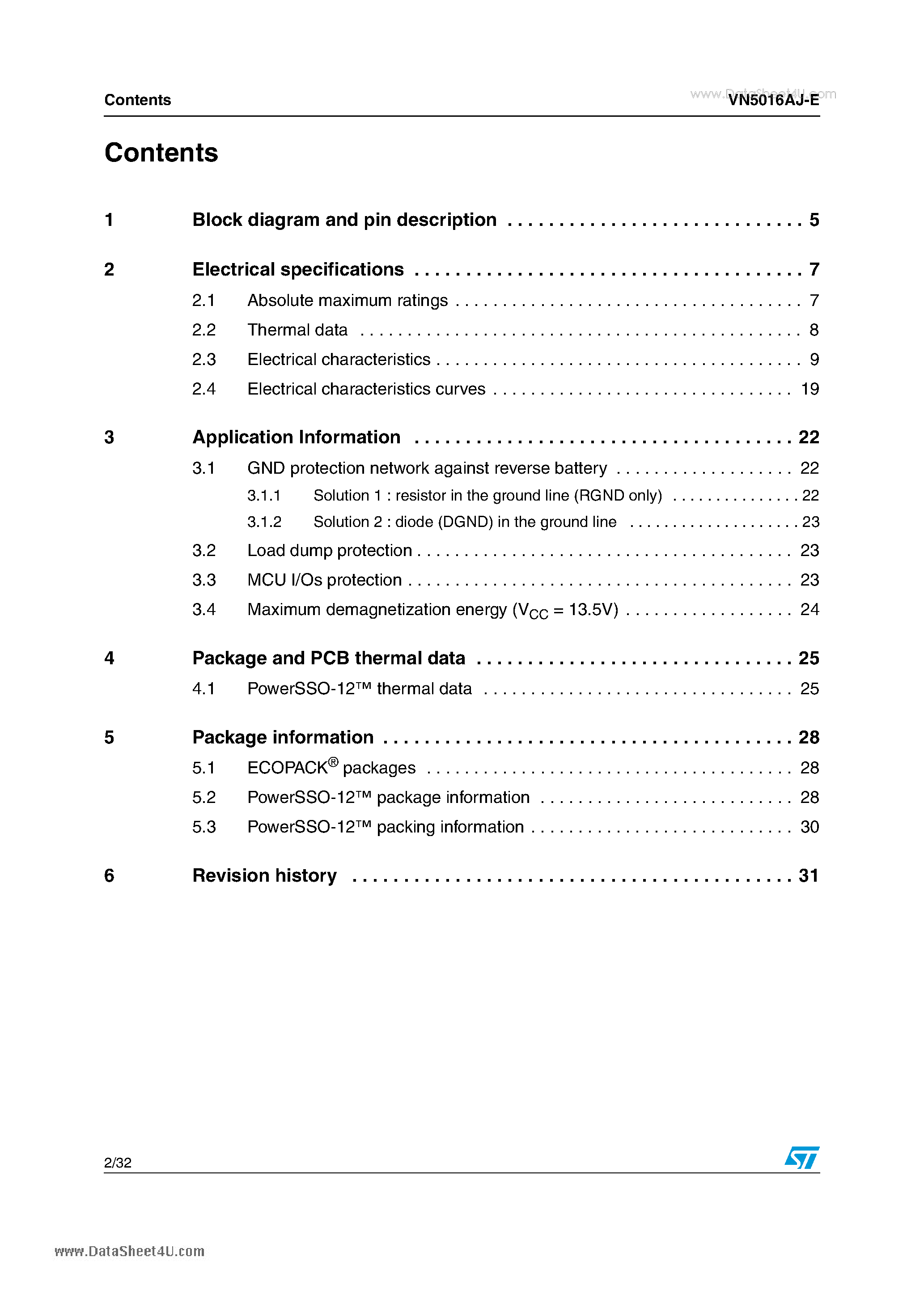 Datasheet VN5016AJ-E - Single channel high side driver page 2