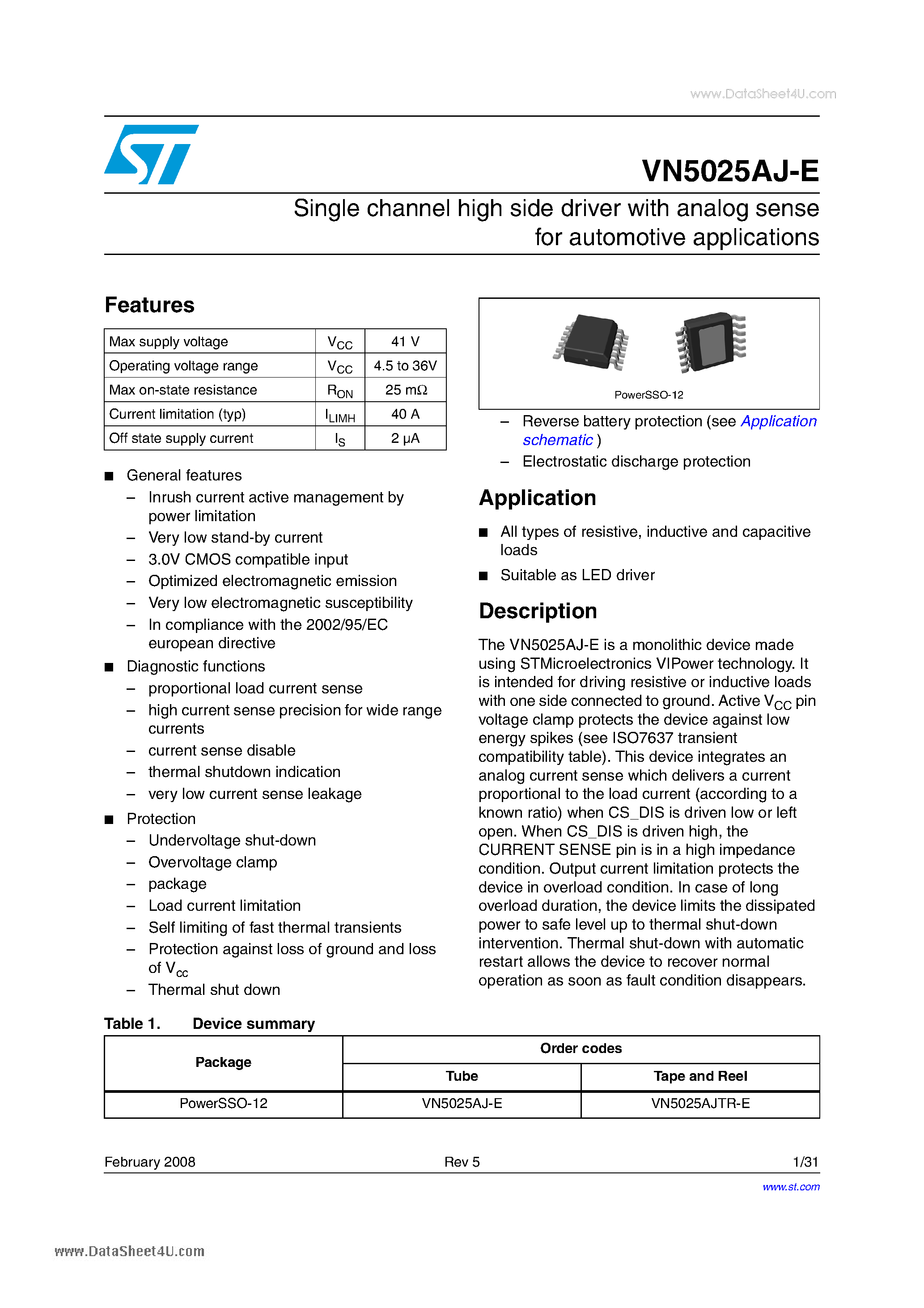 Datasheet VN5025AJ-E - Single channel high side driver page 1