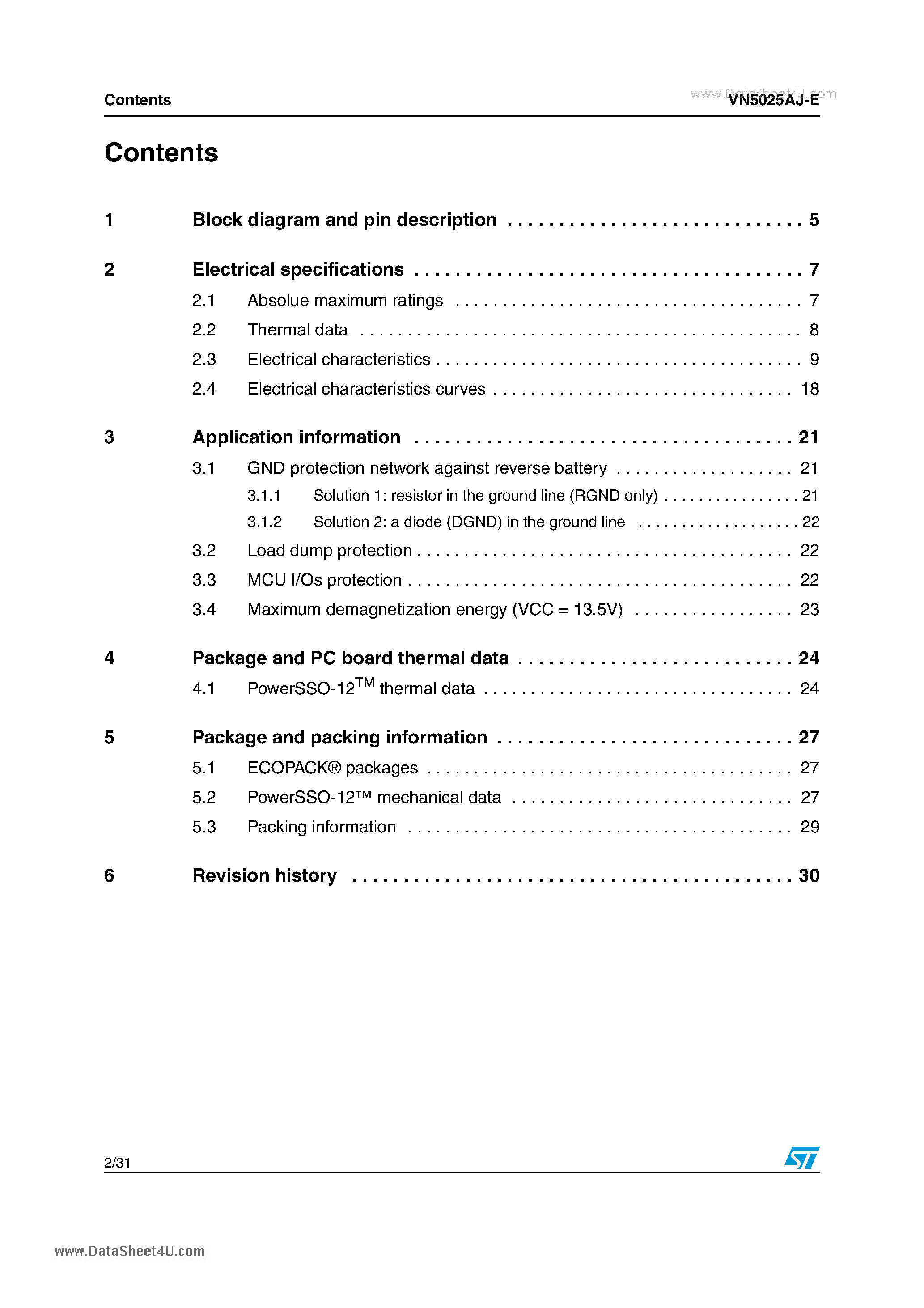 Datasheet VN5025AJ-E - Single channel high side driver page 2