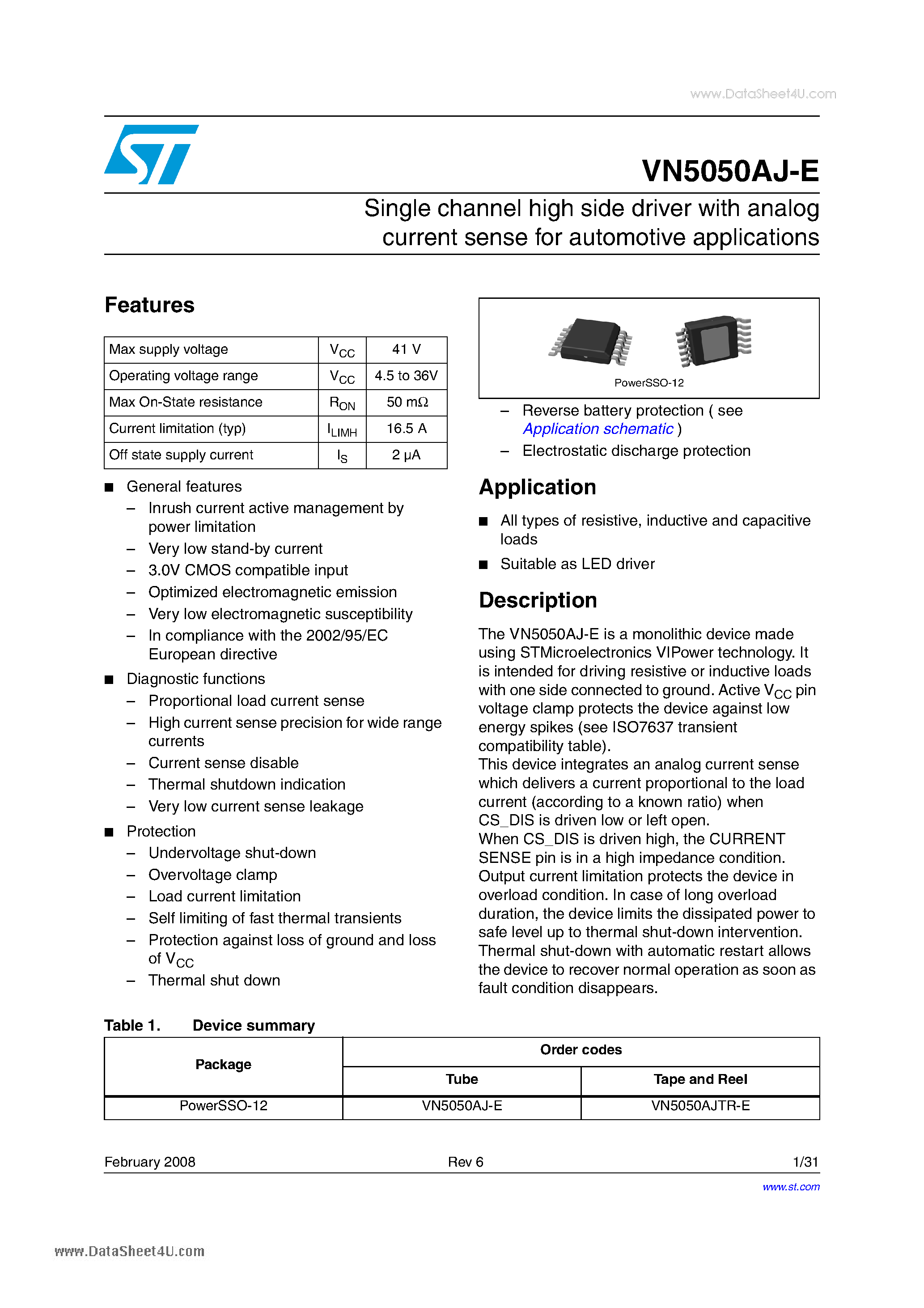 Datasheet VN5050AJ-E - Single channel high side driver page 1