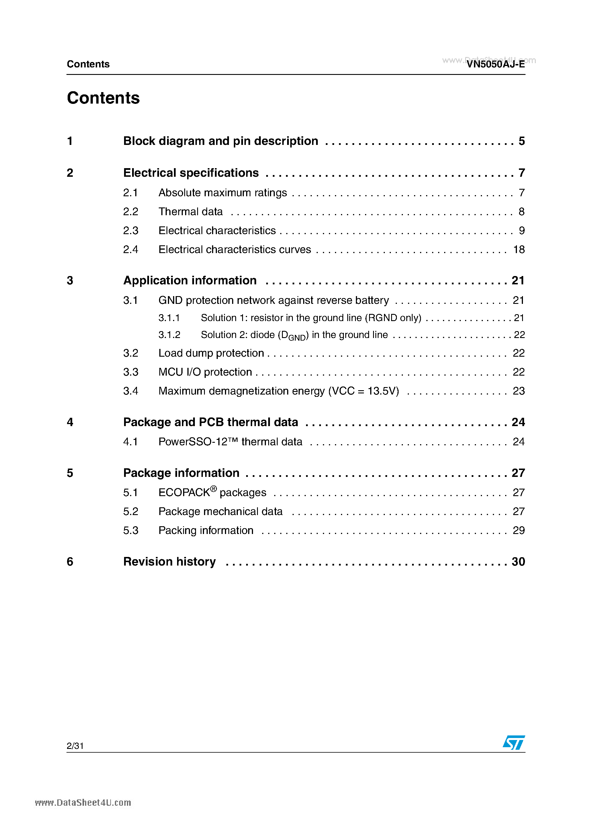 Datasheet VN5050AJ-E - Single channel high side driver page 2