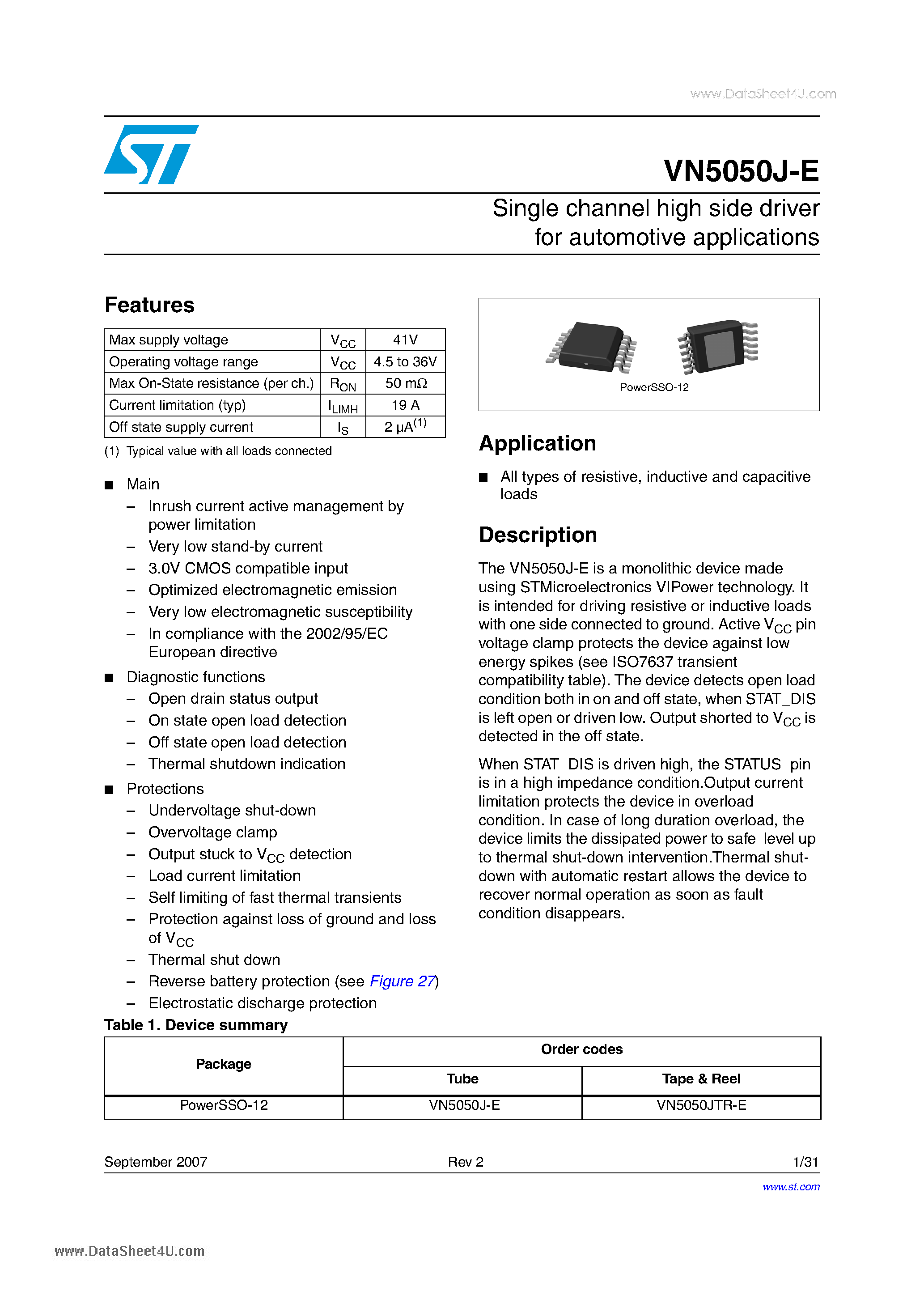 Datasheet VN5050J-E - Single channel high side driver page 1