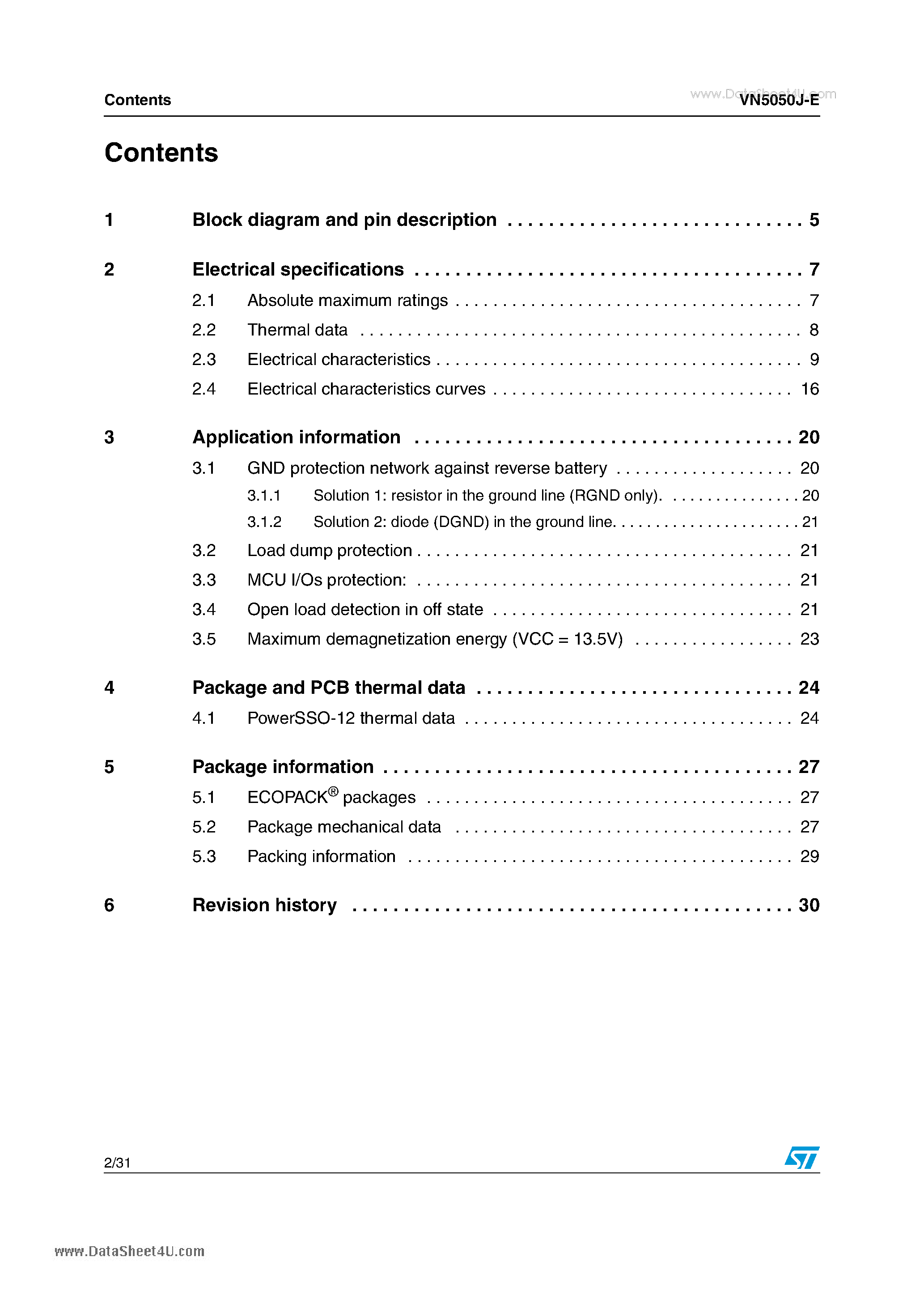 Datasheet VN5050J-E - Single channel high side driver page 2