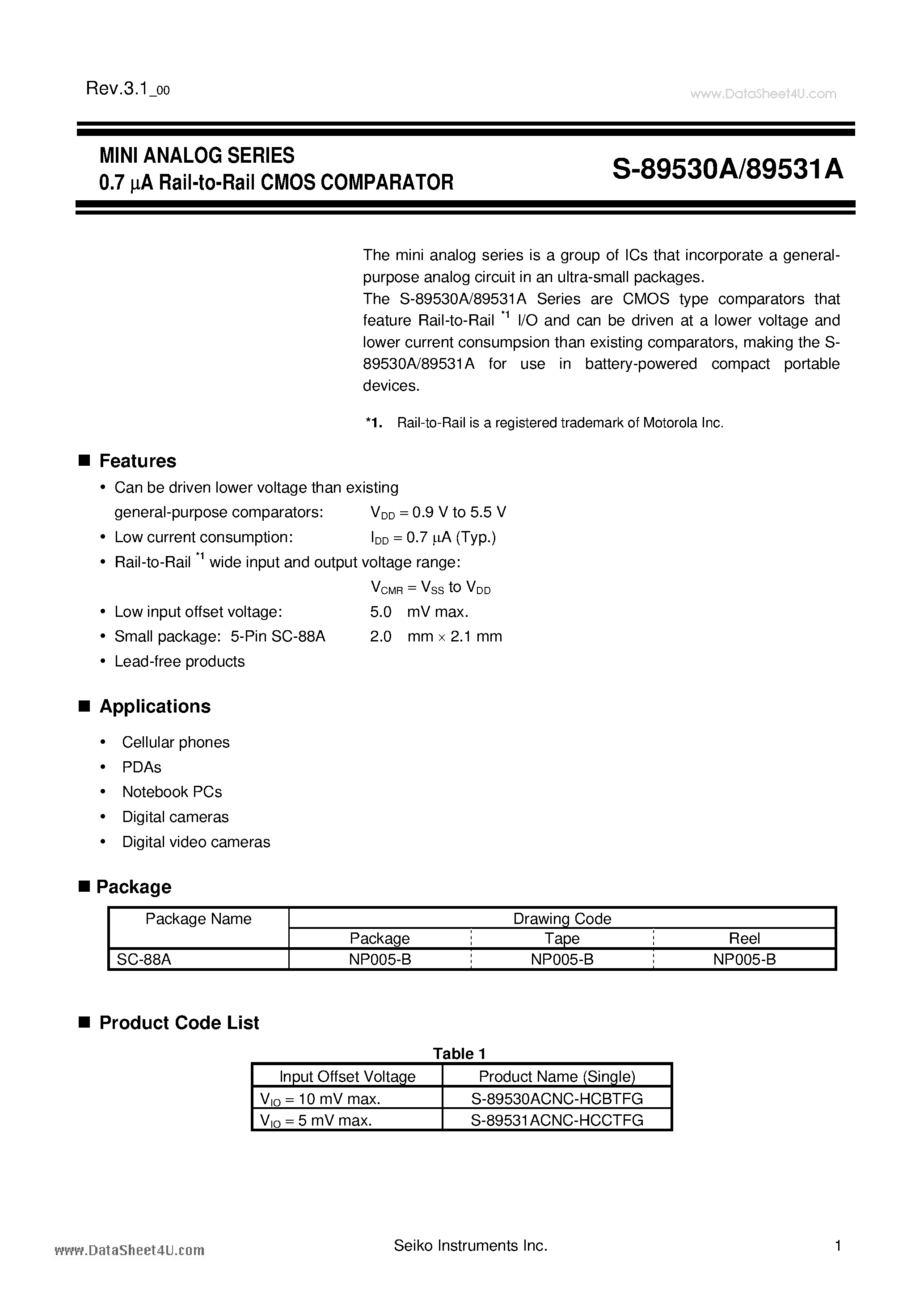 Даташит S-89530A - MINI ANALOG SERIES 0.7 uA Rail-to-Rail CMOS COMPARATOR страница 1