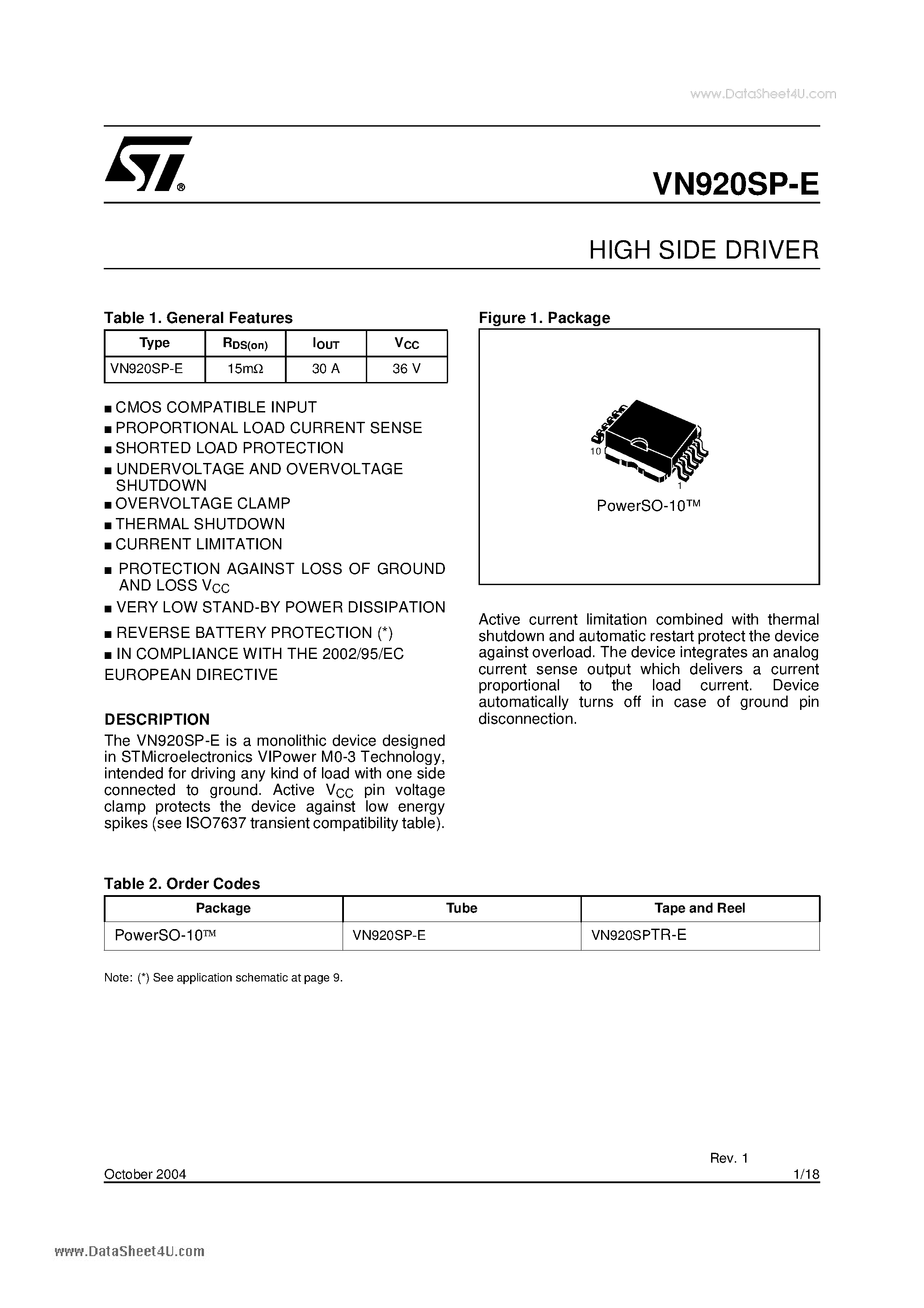 Datasheet VN920SP-E - HIGH SIDE DRIVER page 1