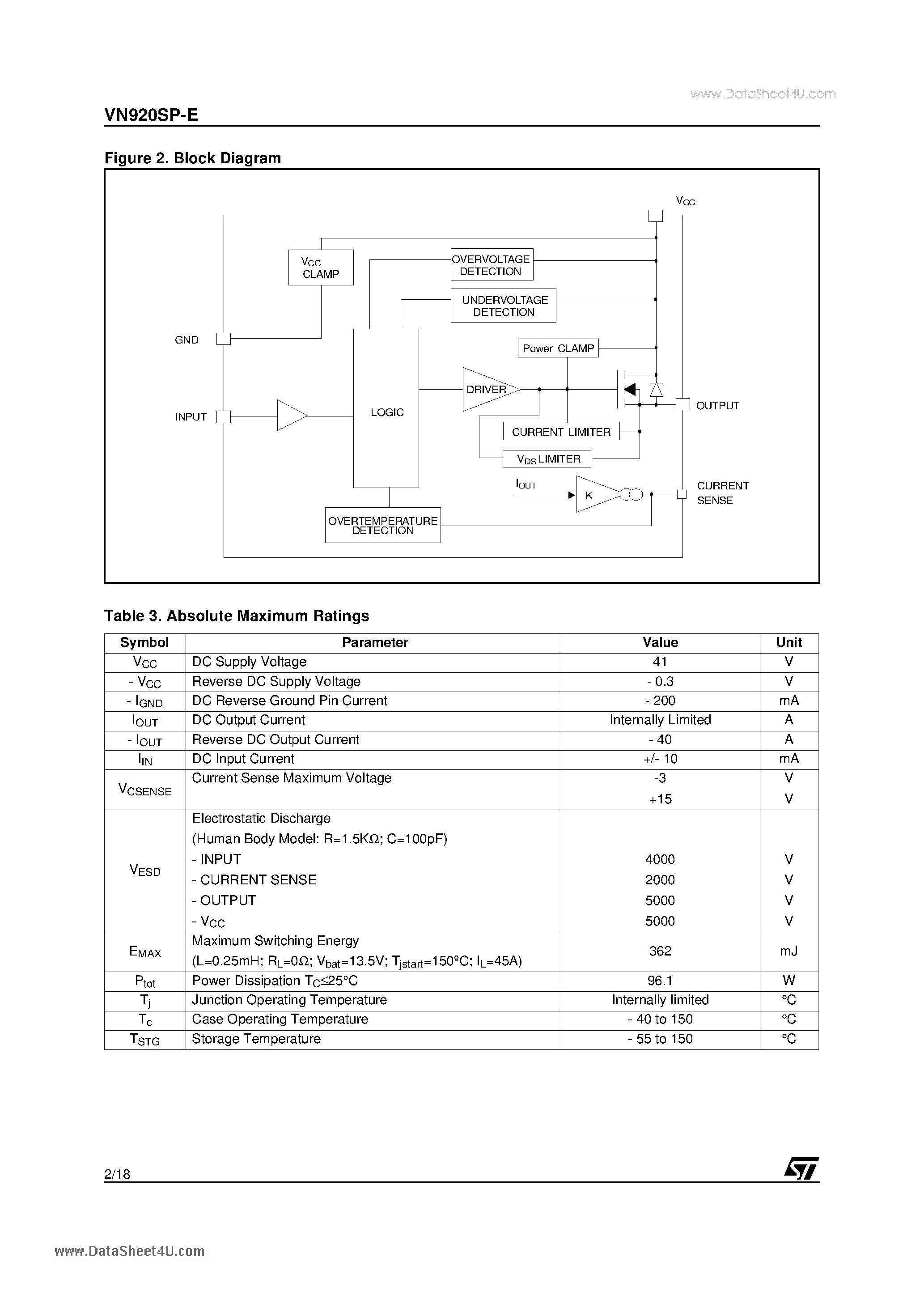 Datasheet VN920SP-E - HIGH SIDE DRIVER page 2