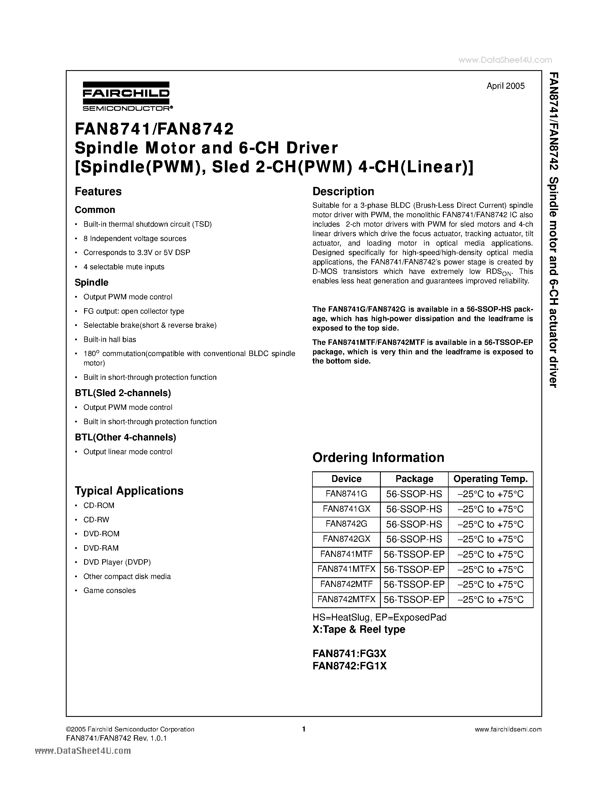 Даташит FAN8741 - Spindle Motor and 6-CH Driver страница 1