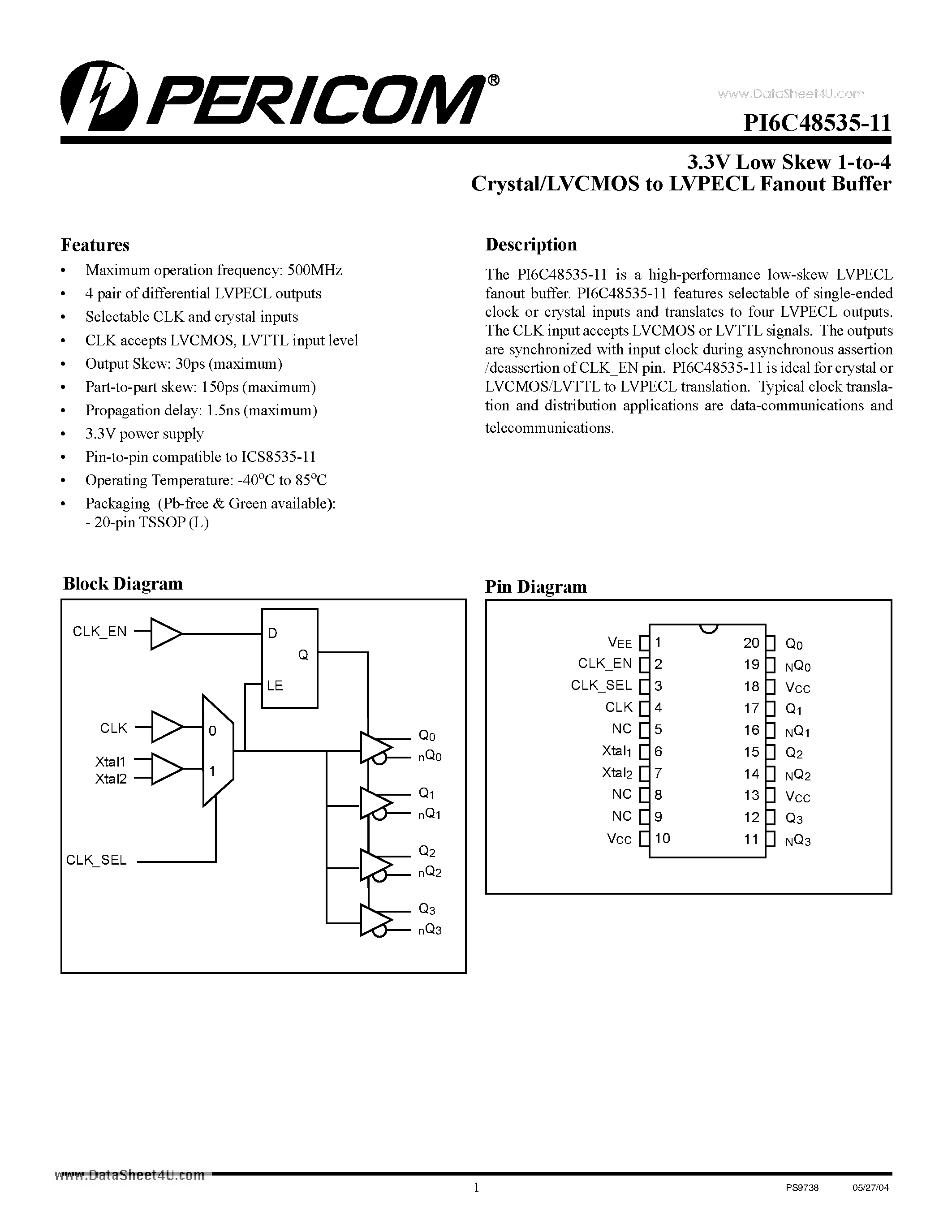 Даташит PI6C48535-11 - 3.3V Low Skew 1-to-4 Crystal/LVCMOS to LVPECL Fanout Buffer страница 1