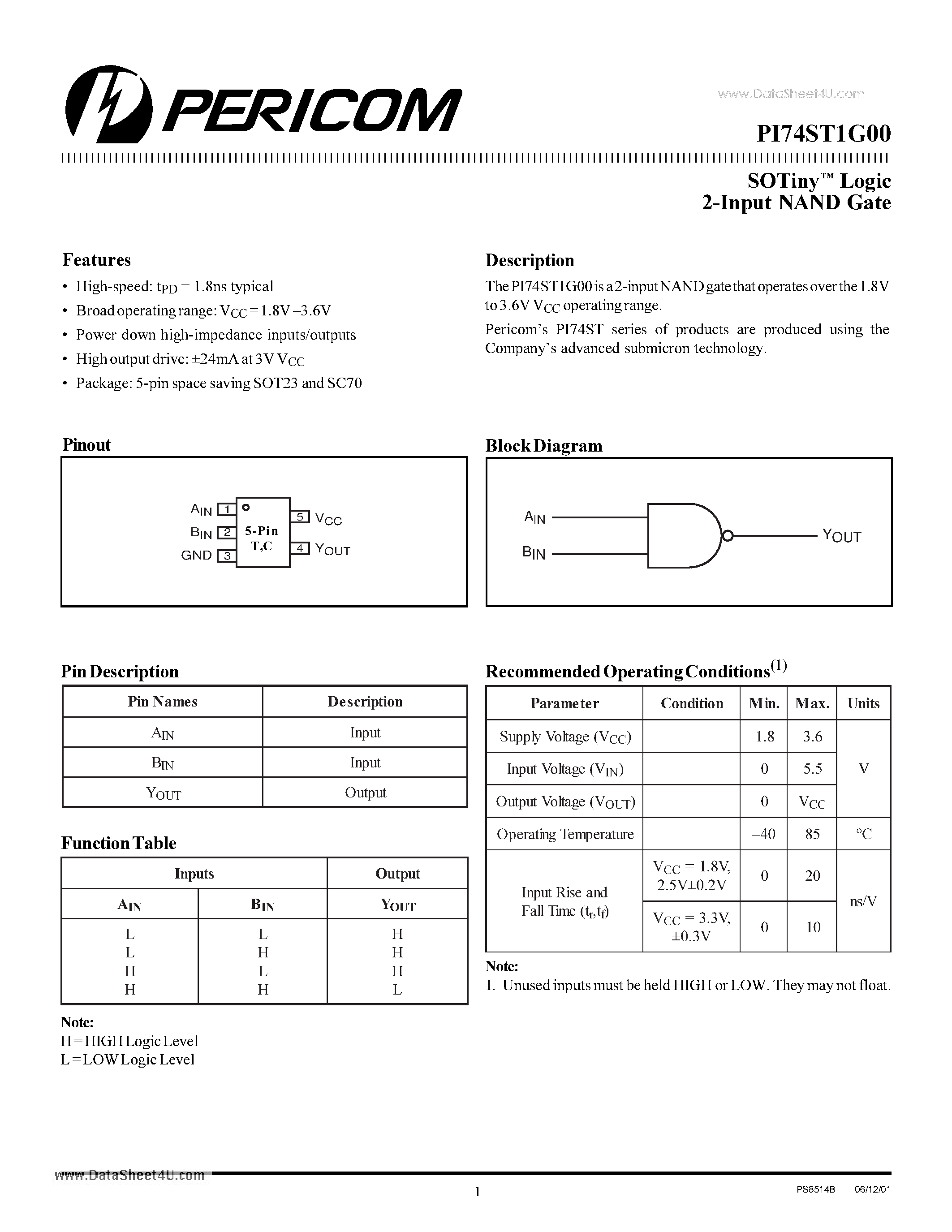 Даташит PI74ST1G00 - SOTiny Logic 2-Input NAND Gate страница 1