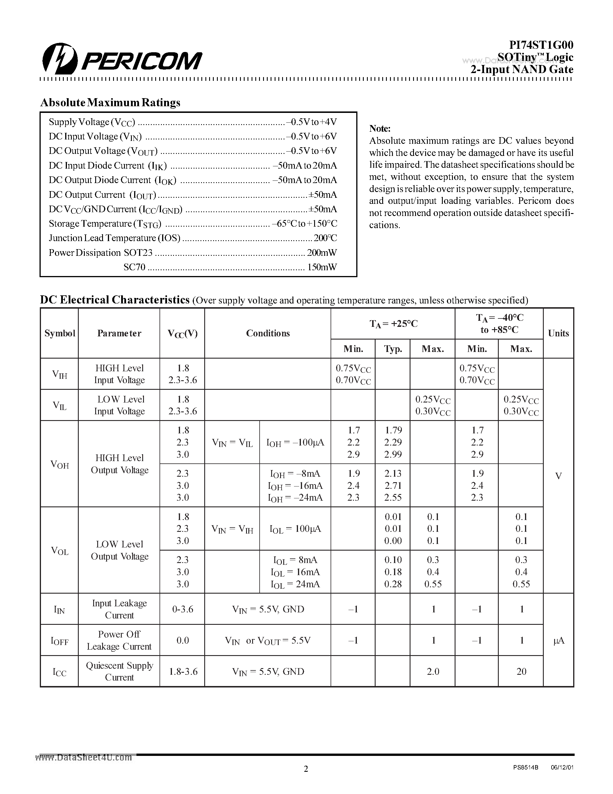 Даташит PI74ST1G00 - SOTiny Logic 2-Input NAND Gate страница 2