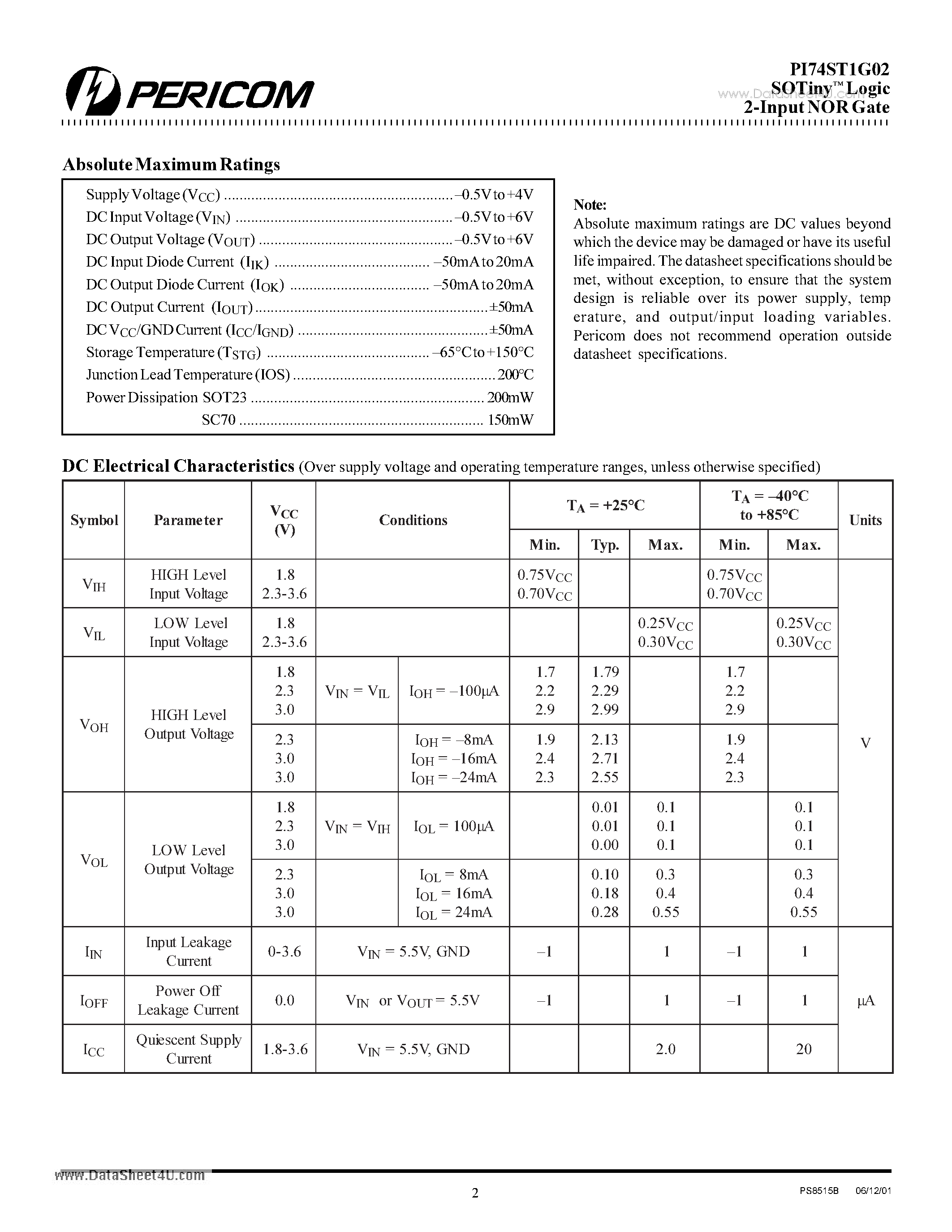 Даташит PI74ST1G02 - SOTiny Logic 2-Input NOR Gate страница 2