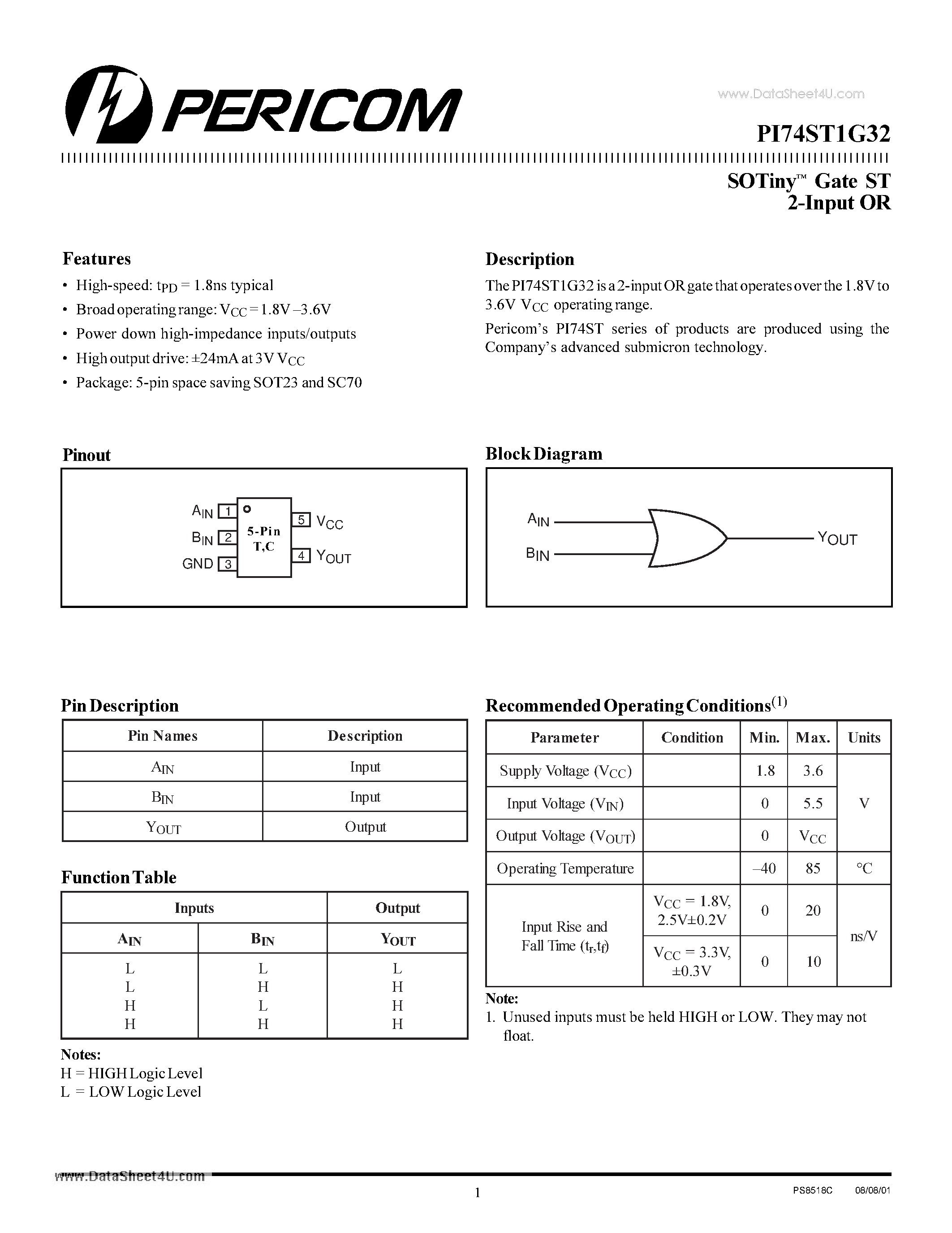 Даташит PI74ST1G32 - SOTiny-TM Logic 2-Input OR Gate страница 1