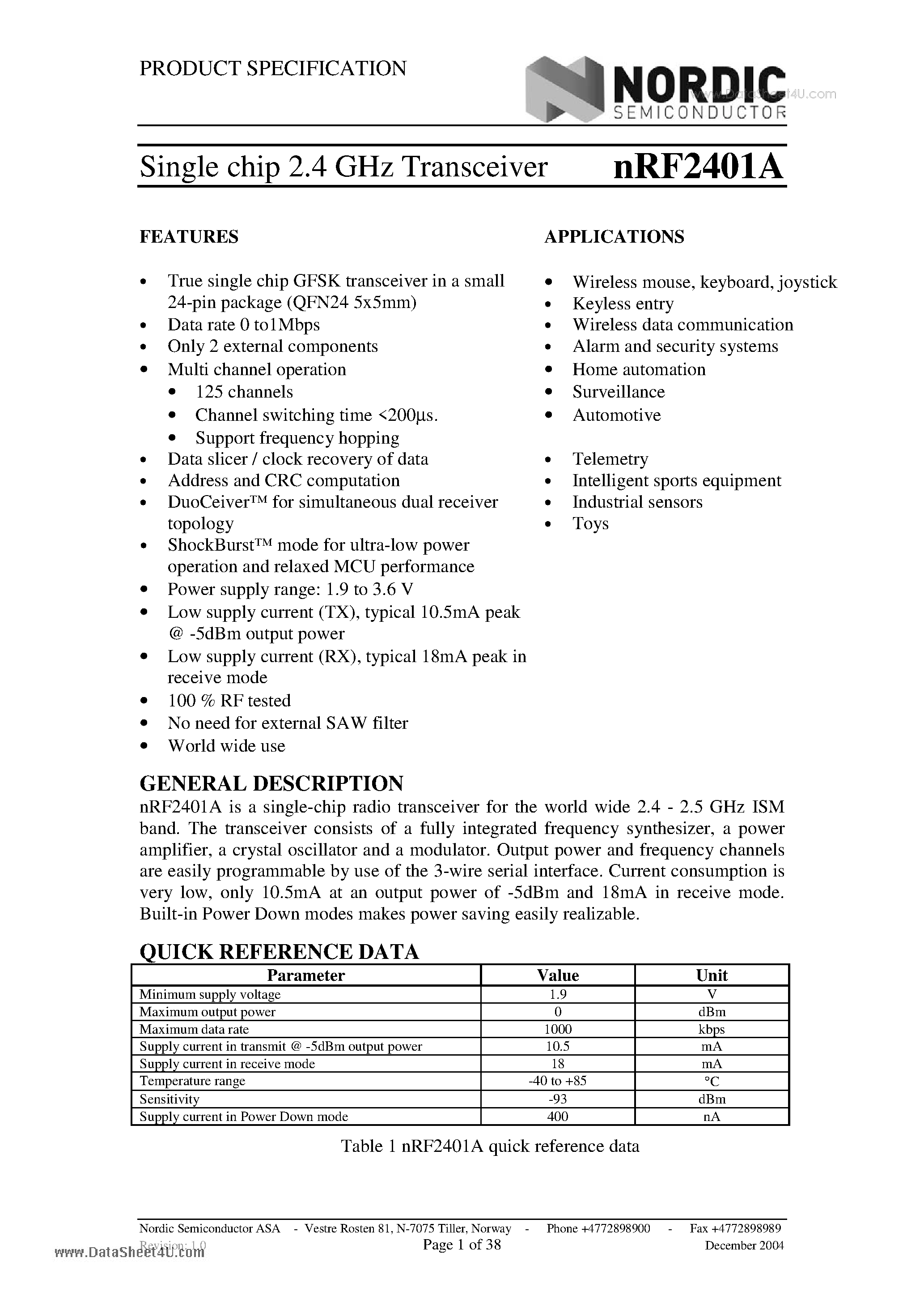 Даташит nRF2401A - Single chip 2.4 GHz Transceiver страница 1