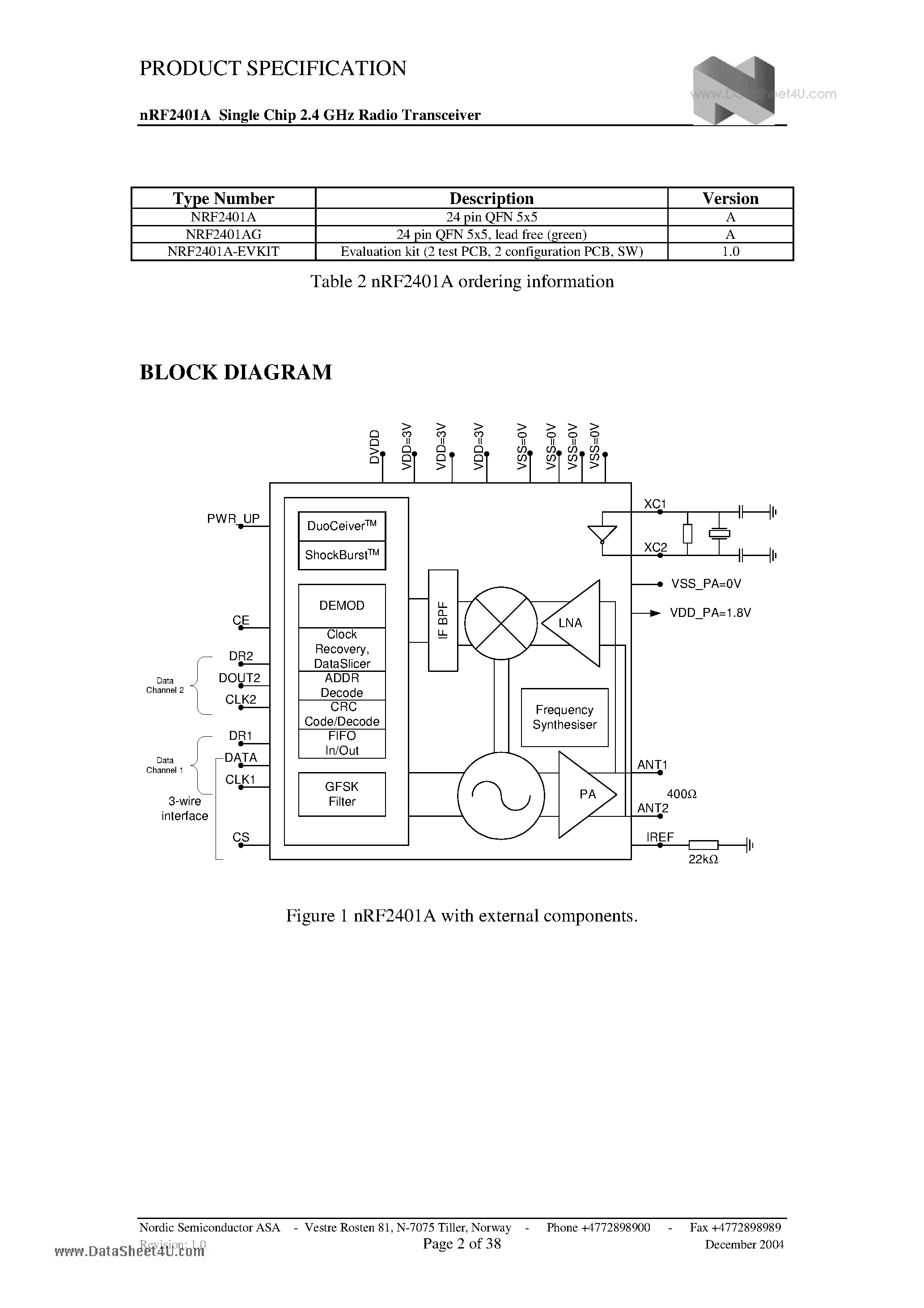 Даташит nRF2401A - Single chip 2.4 GHz Transceiver страница 2