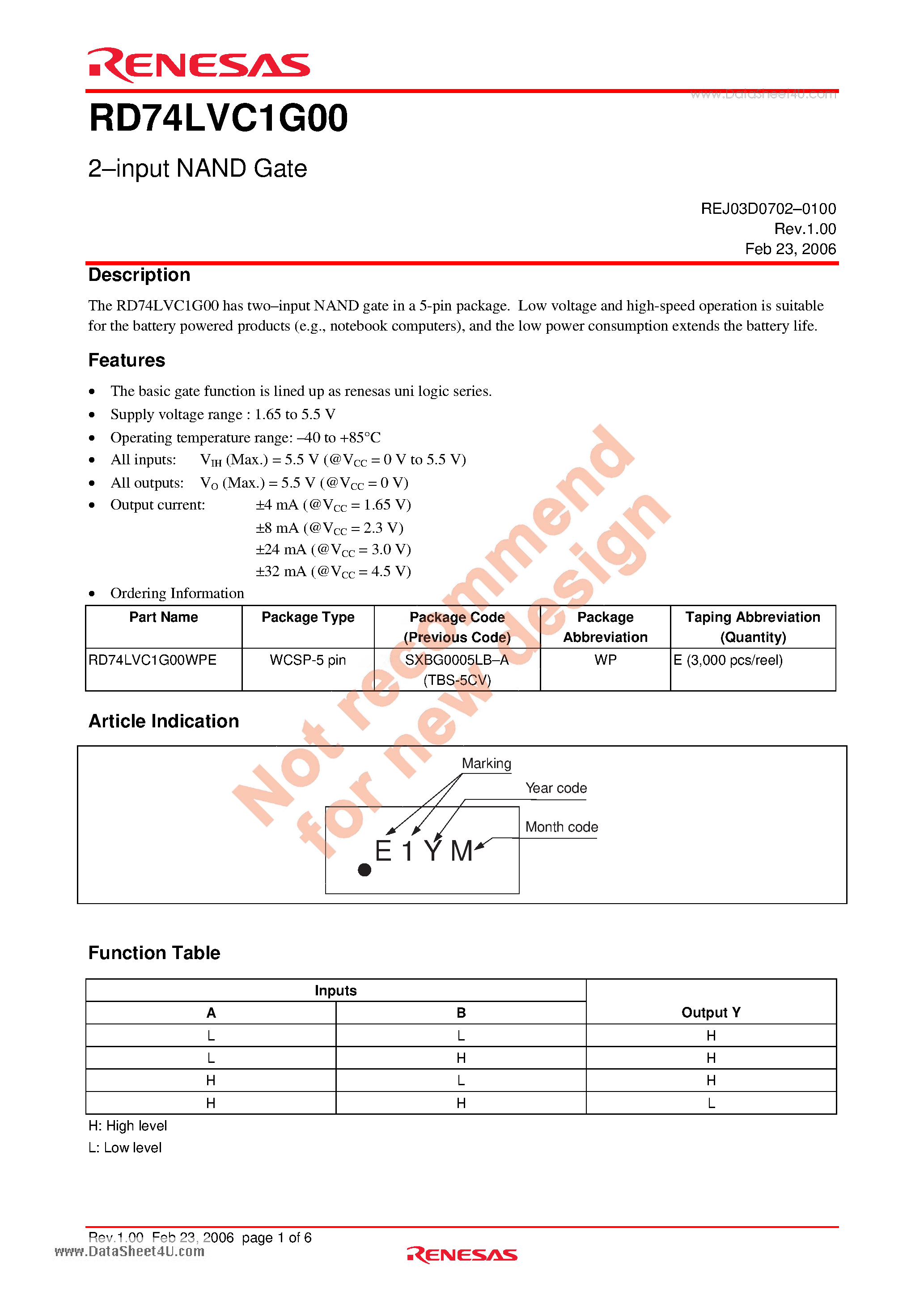 Даташит RD74LVC1G00 - 2-input NAND Gate страница 1