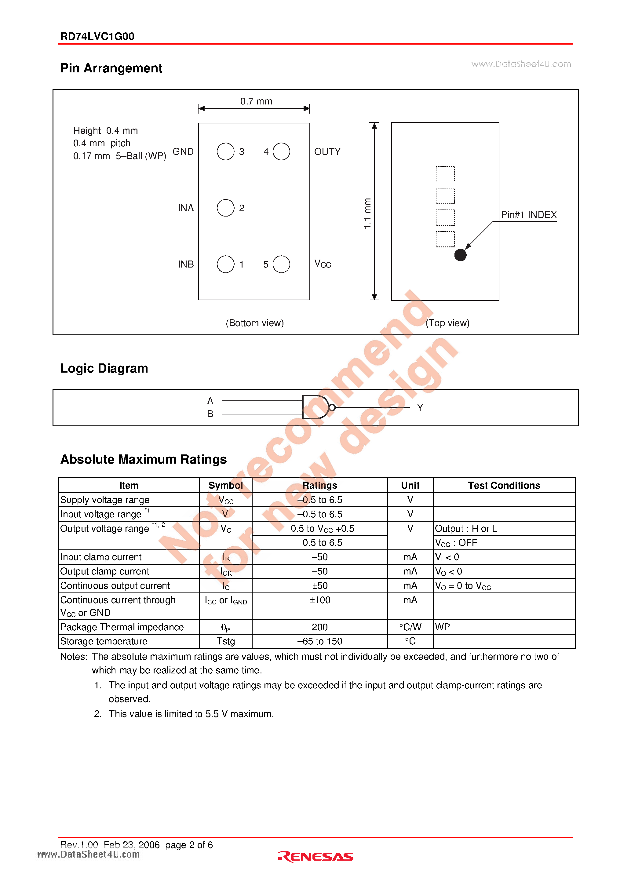 Даташит RD74LVC1G00 - 2-input NAND Gate страница 2