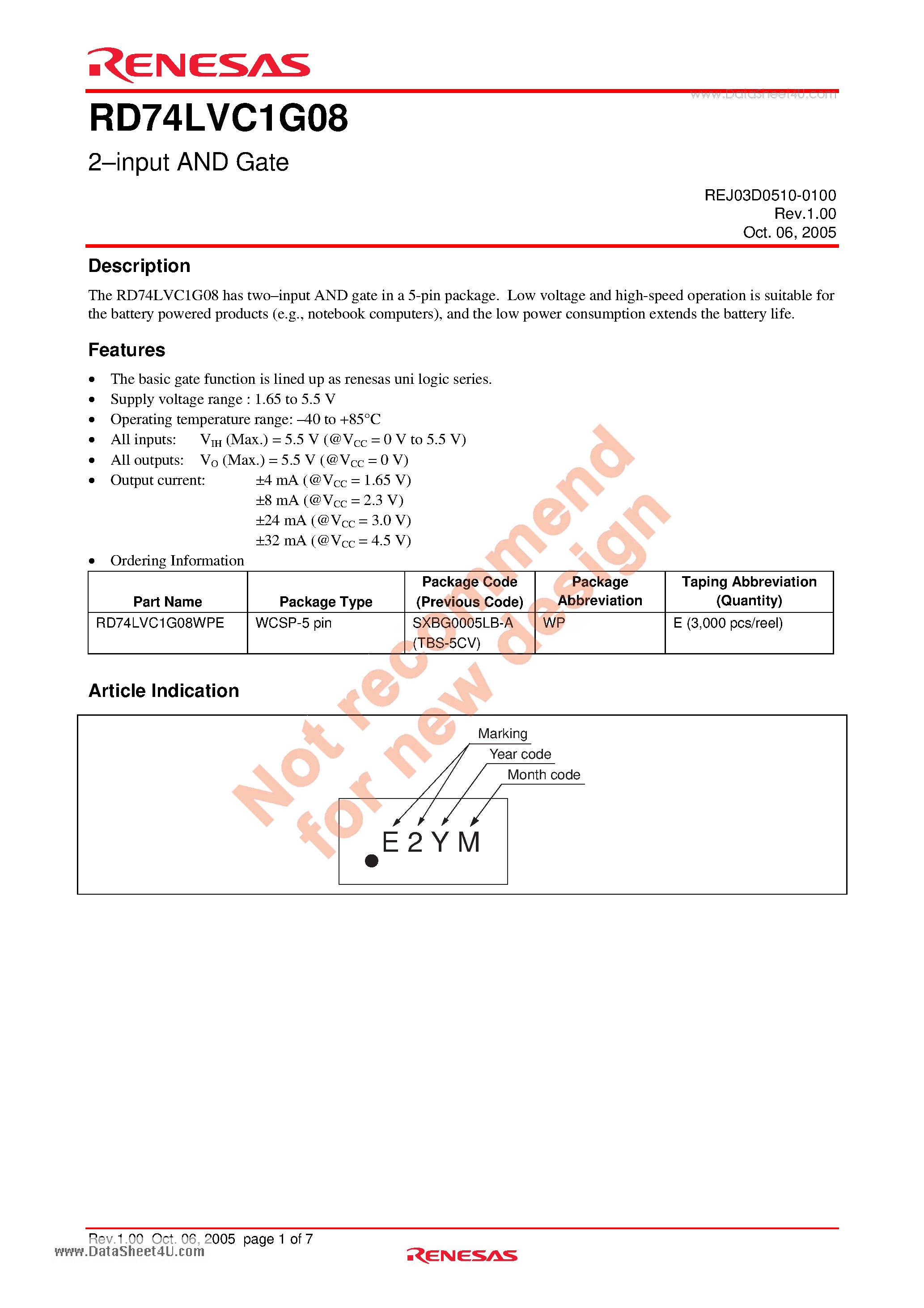 Даташит RD74LVC1G08 - 2-input AND Gate страница 1