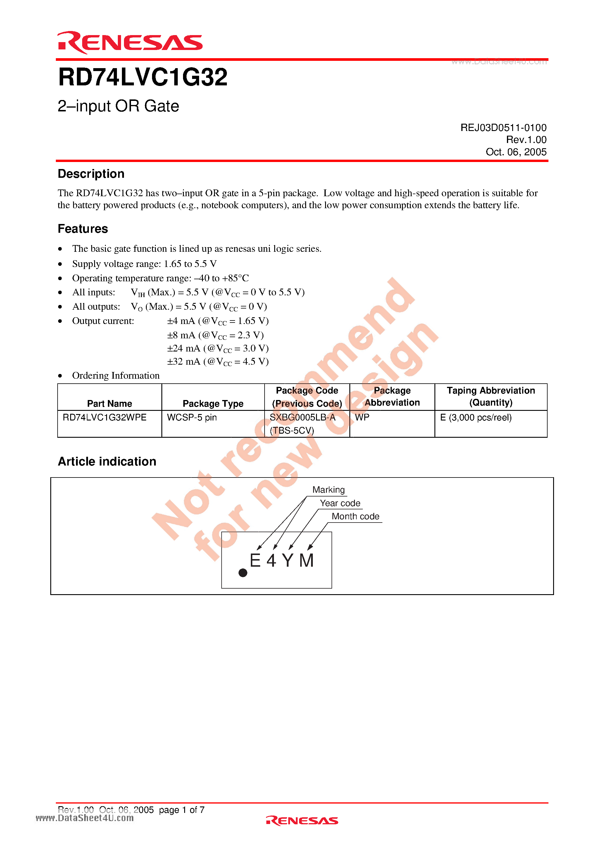 Даташит RD74LVC1G32 - 2-input OR Gate страница 1