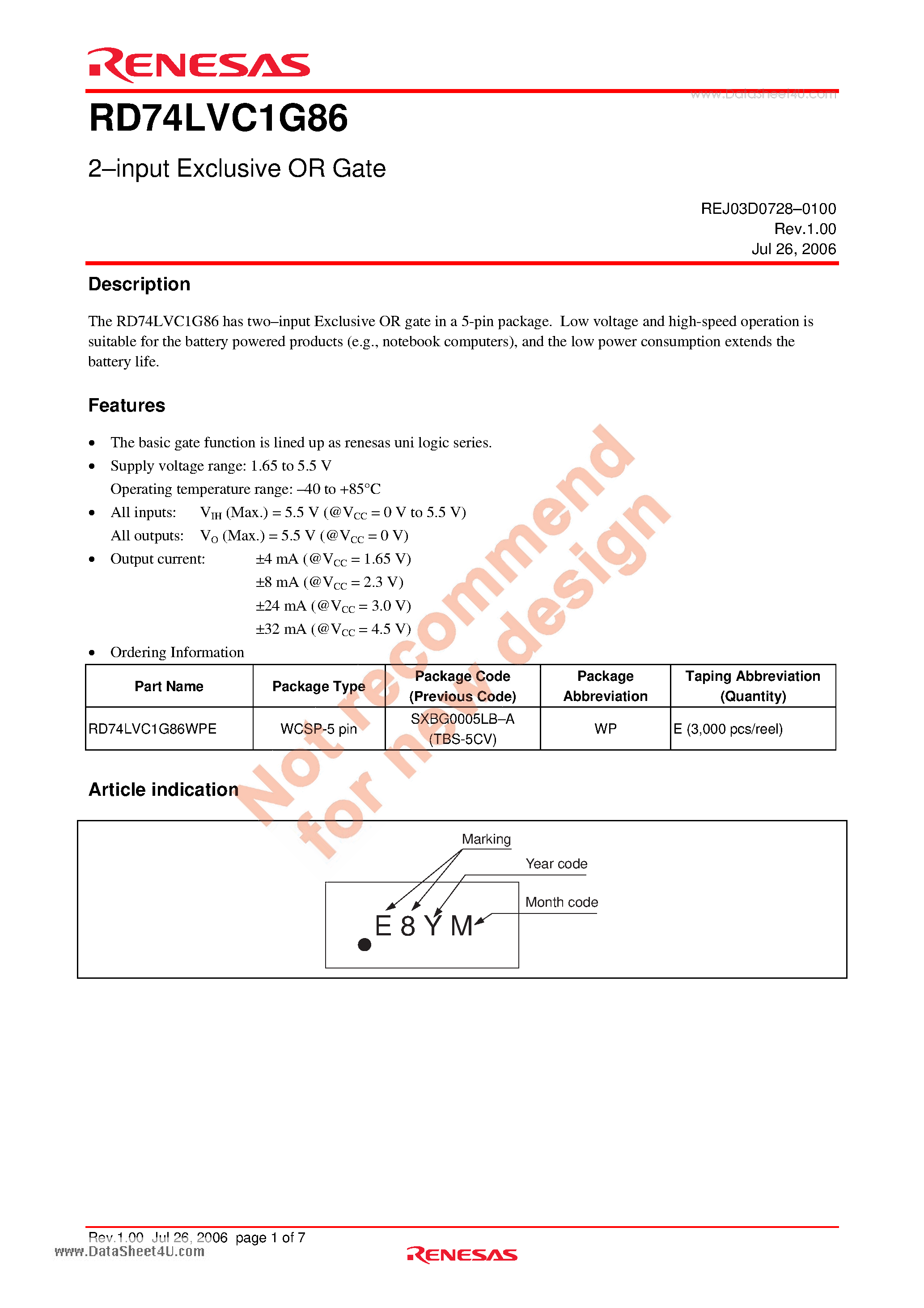 Даташит RD74LVC1G86 - 2-input Exclusive OR Gate страница 1