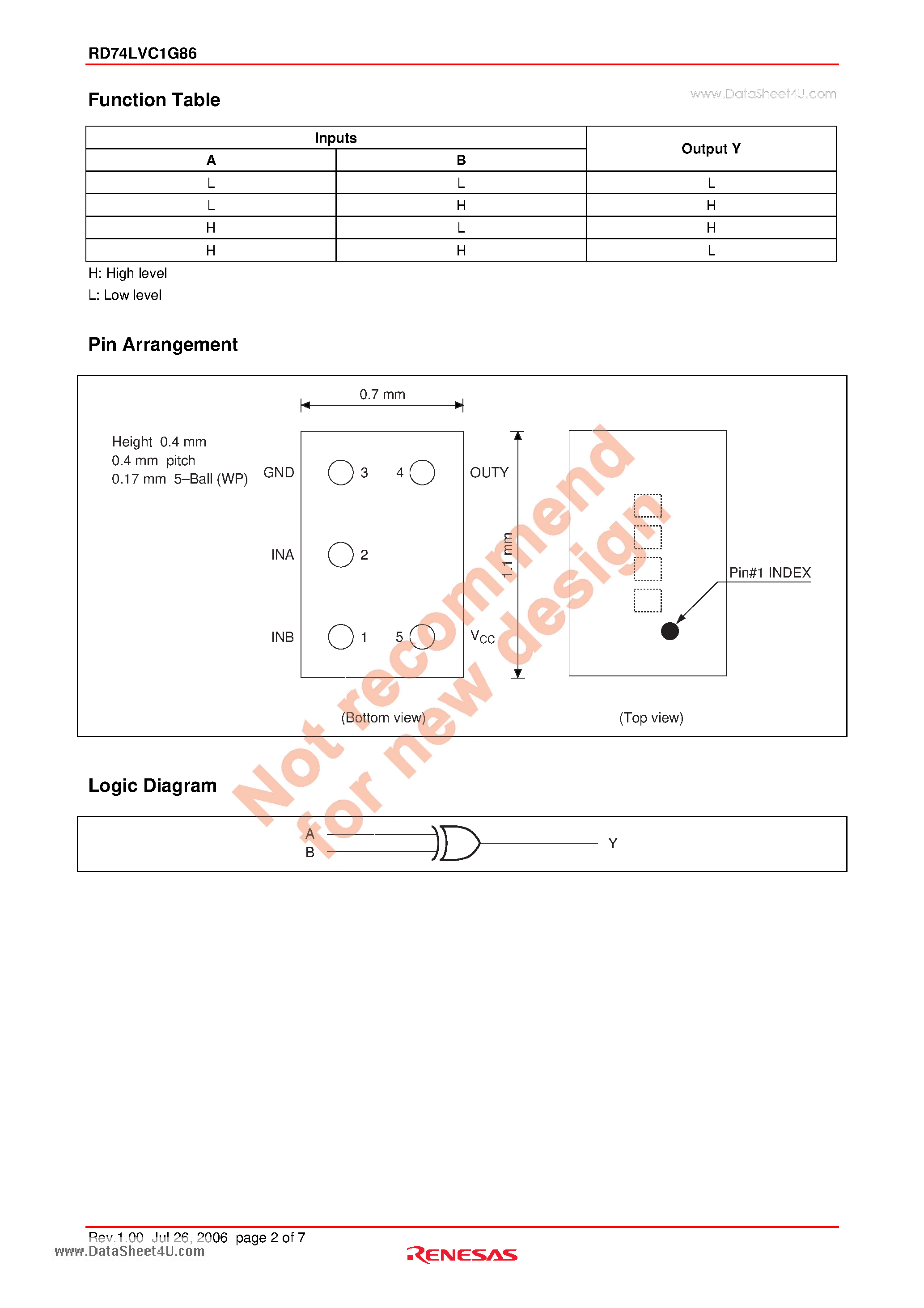 Даташит RD74LVC1G86 - 2-input Exclusive OR Gate страница 2