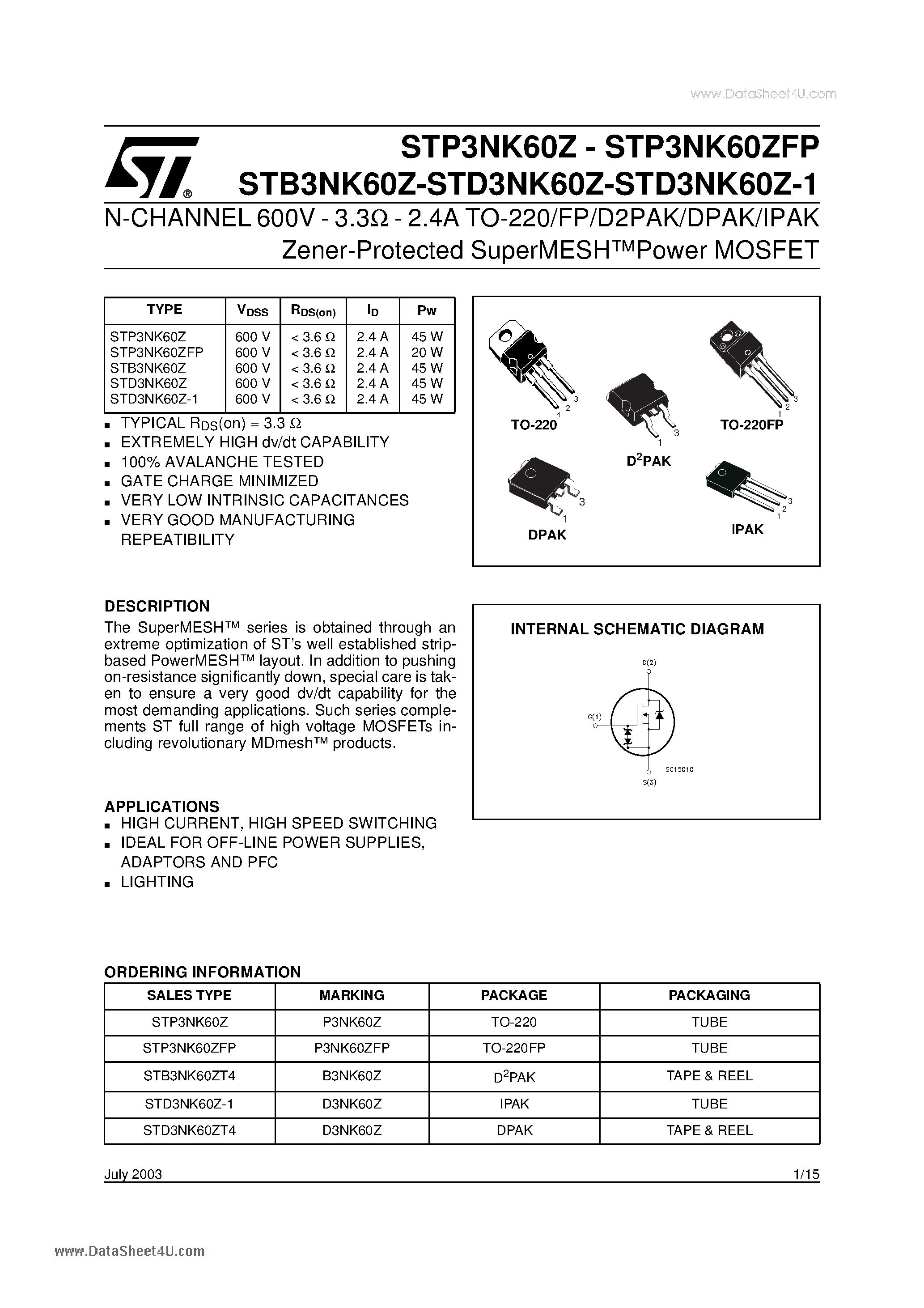 Даташит P3NK60ZFP - Search -----> STP3NK60ZFP страница 1