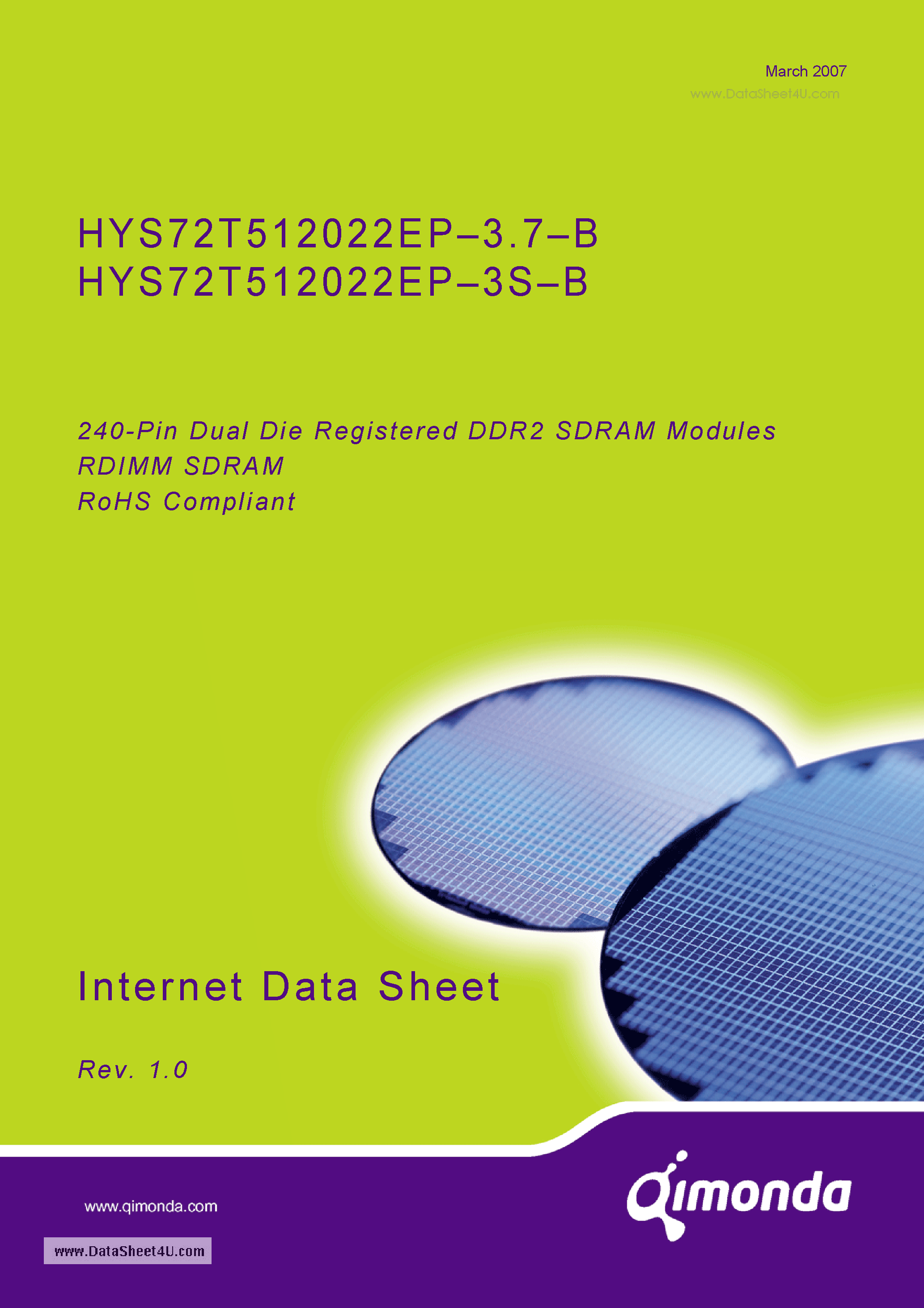 Datasheet HYS72T512022EP-3S-B - 240-Pin Dual Die Registered DDR2 SDRAM Modules page 1