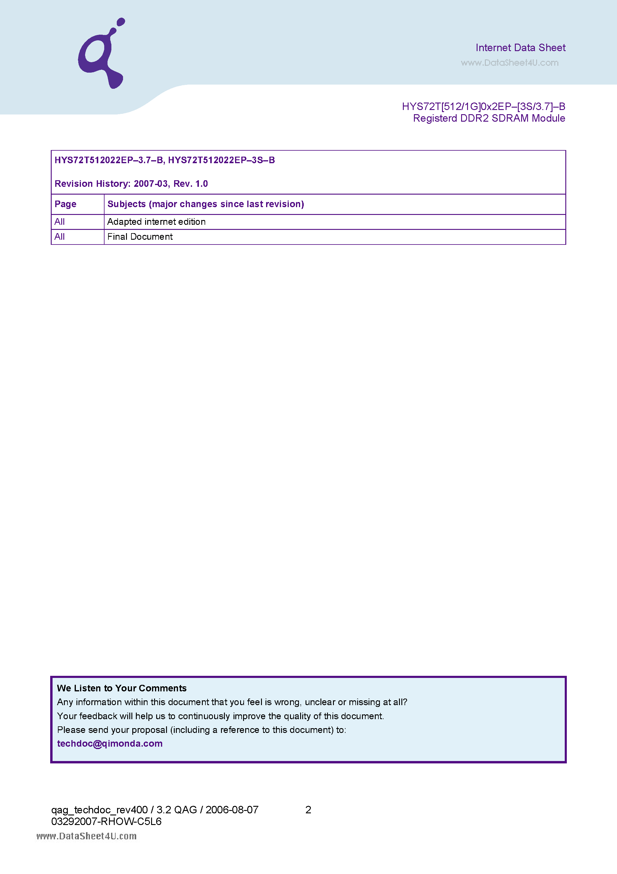 Datasheet HYS72T512022EP-3S-B - 240-Pin Dual Die Registered DDR2 SDRAM Modules page 2