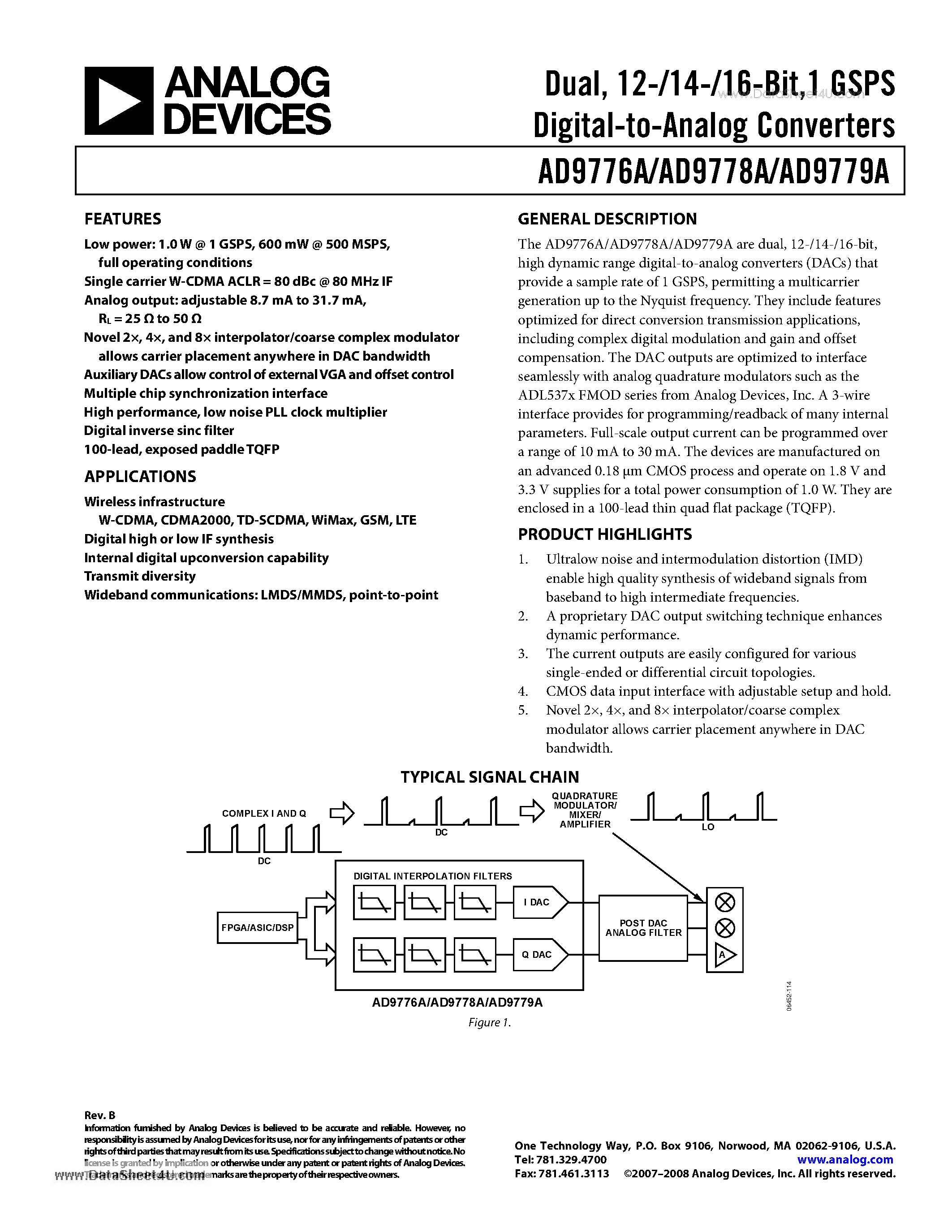 Datasheet AD9776A - Dual 12-/14-/16-Bit 1 GSPS Digital-to-Analog Converters page 1