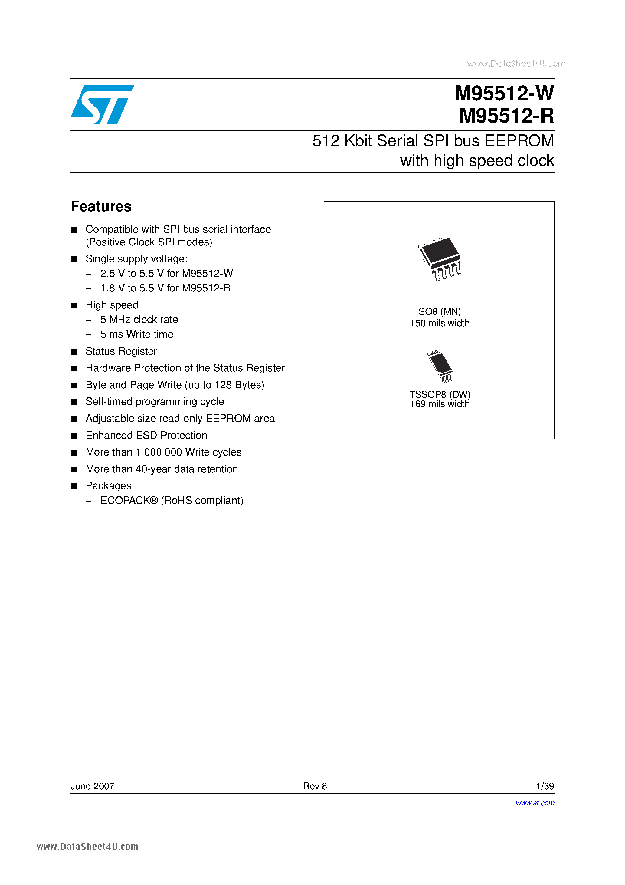 Datasheet M95512-R - 512 Kbit Serial SPI bus EEPROM page 1