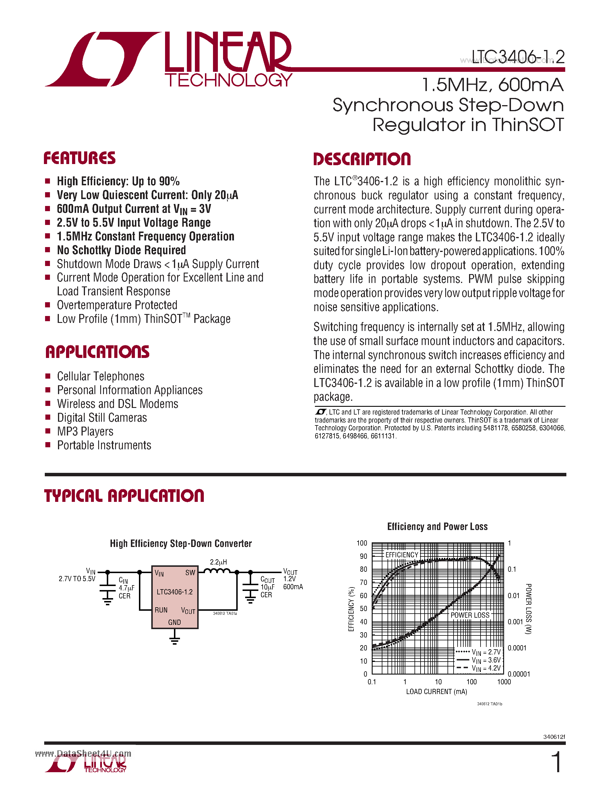 Даташит LTC3406-1.2 - 1.5MHz / 600mA Synchronous Step-Down Regulator in ThinSOT страница 1