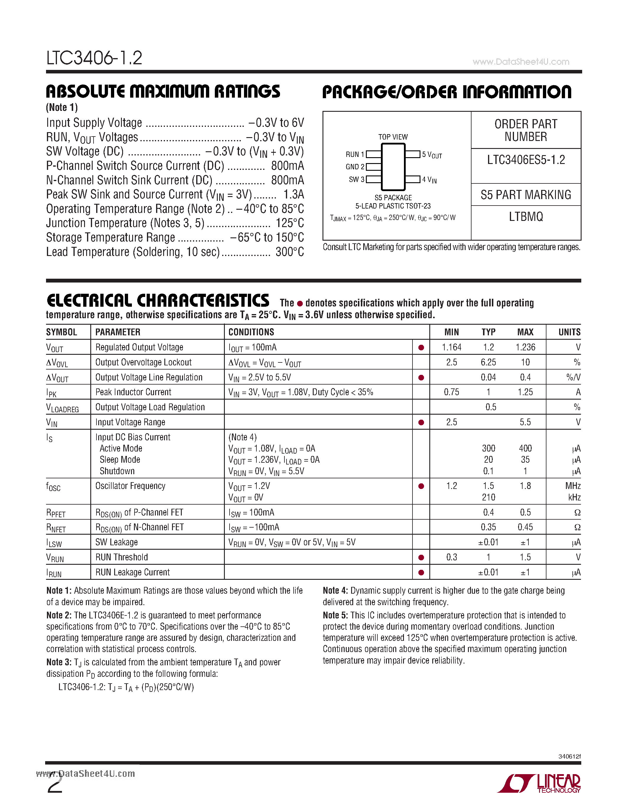 Даташит LTC3406-1.2 - 1.5MHz / 600mA Synchronous Step-Down Regulator in ThinSOT страница 2