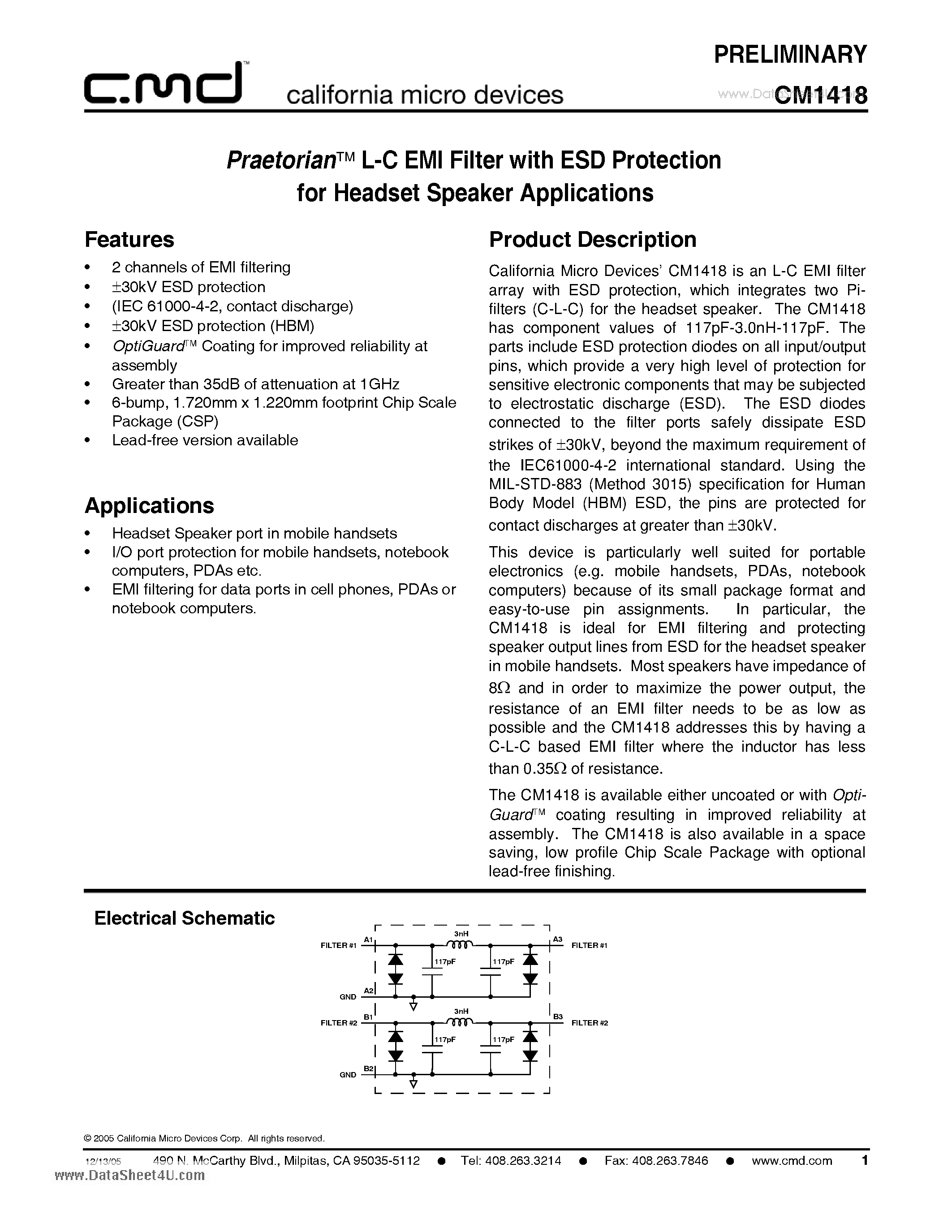 Datasheet CM1418 - Praetorian L-C EMI Filter with ESD Protection for Headset Speaker Applications page 1